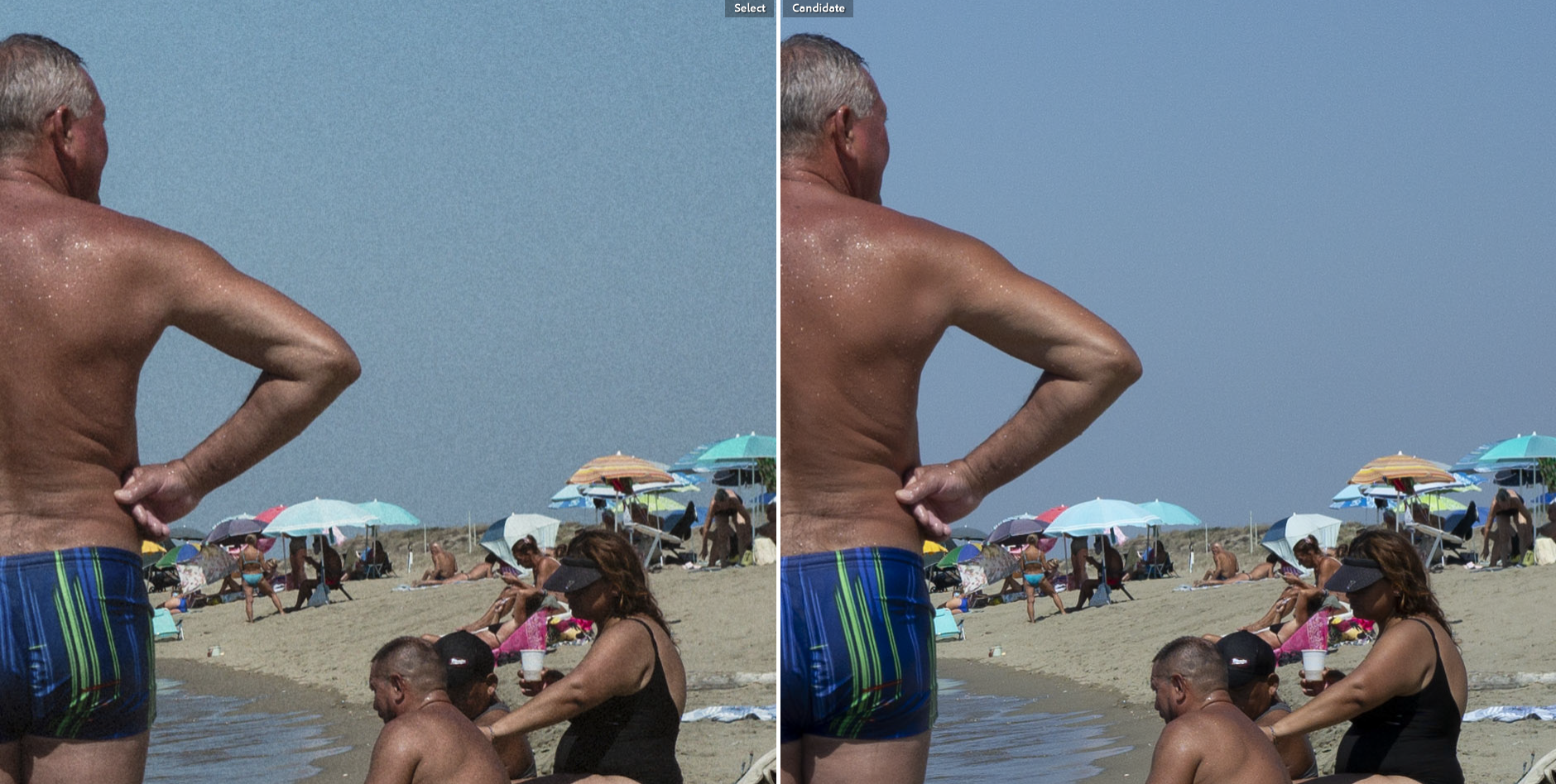 Side-by-side comparison: left half shows Portra 400 full grain profile at 50% grain intensity, right half shows the original unedited DNG file