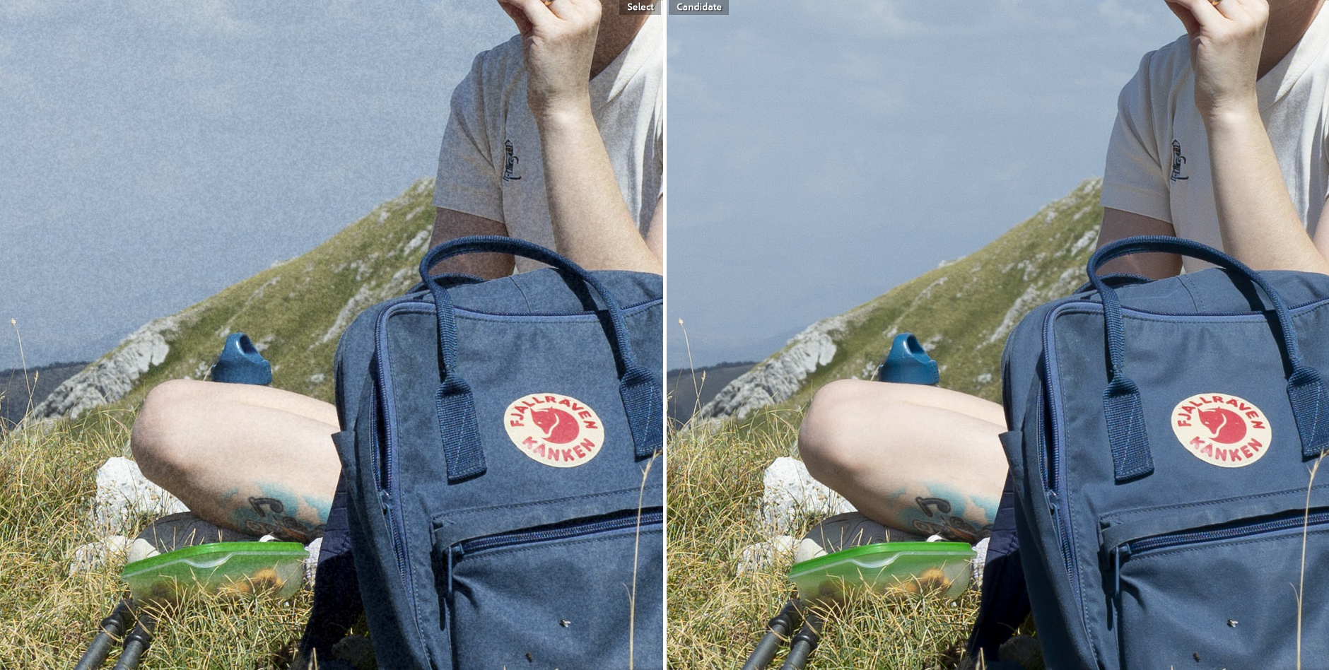 Side-by-side comparison: left half shows Portra 400 grain profile with glow applied and no preset, right half shows the original DNG with custom curve adjustments only