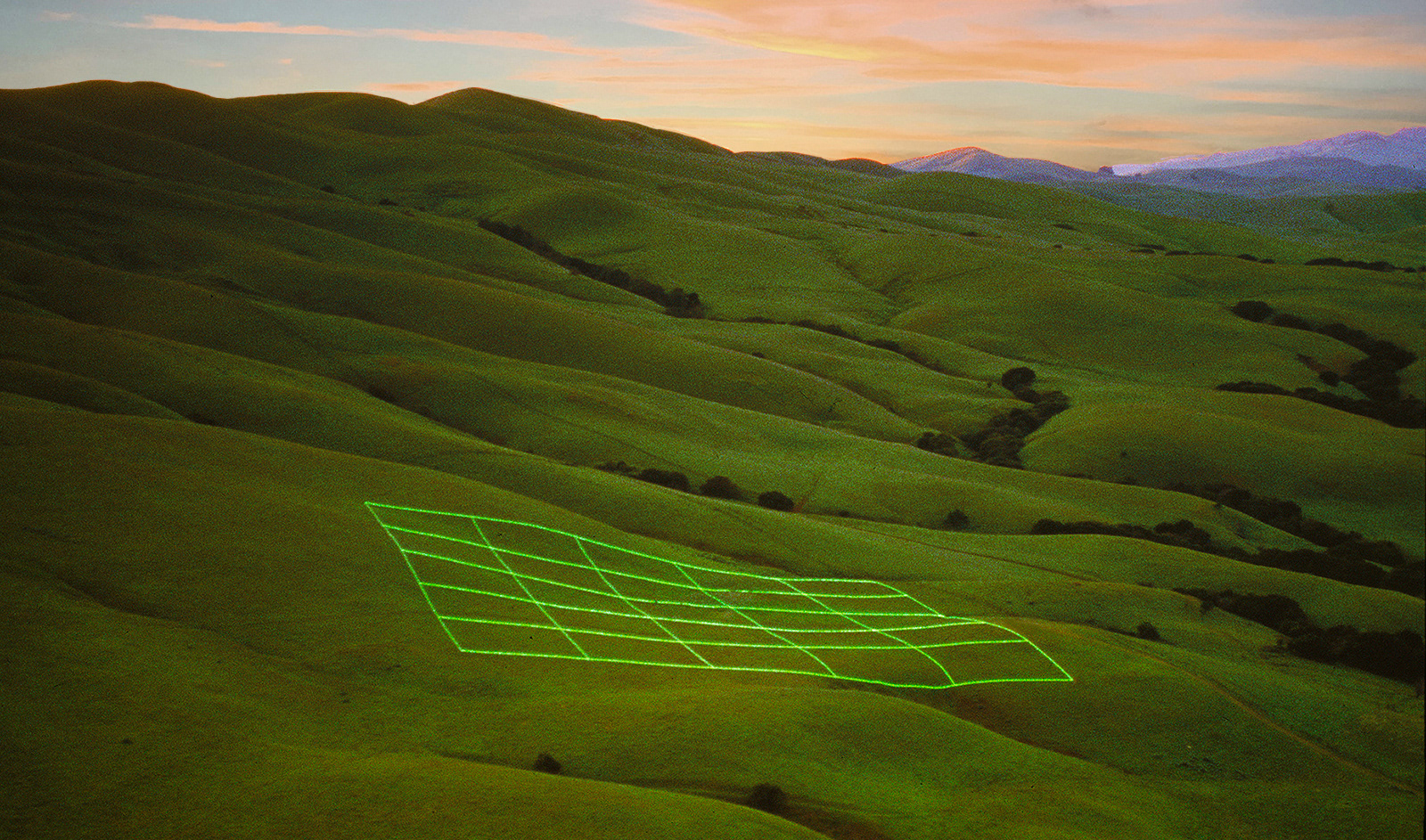 Aerial twilight view of Luminous Earth Grid, by Stuart Williams. 