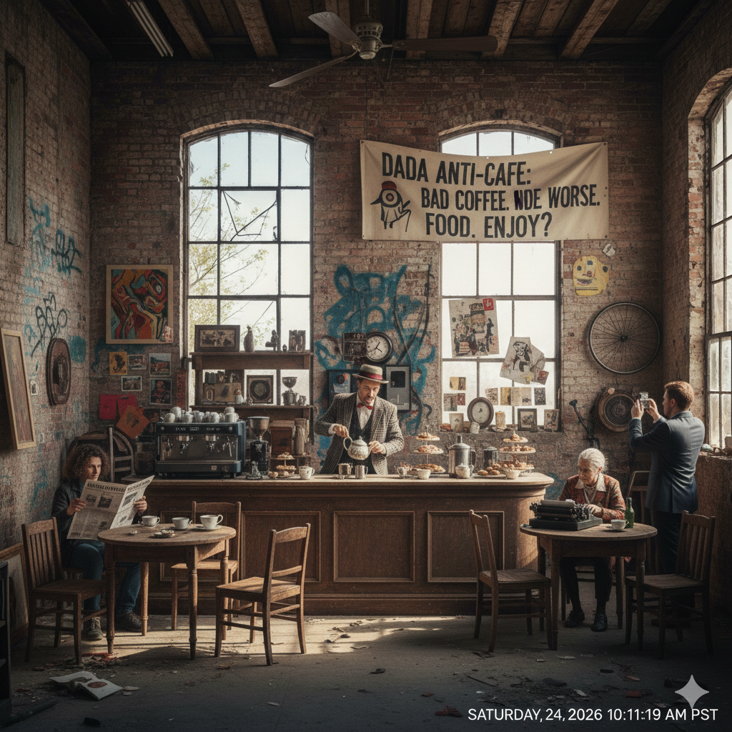 The Dada Anti-Cafe with fictional disgruntled barista.