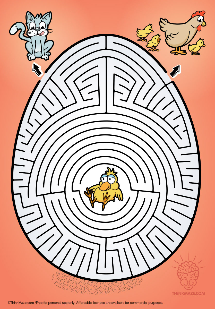 free maze to print, egg, chicken and cat