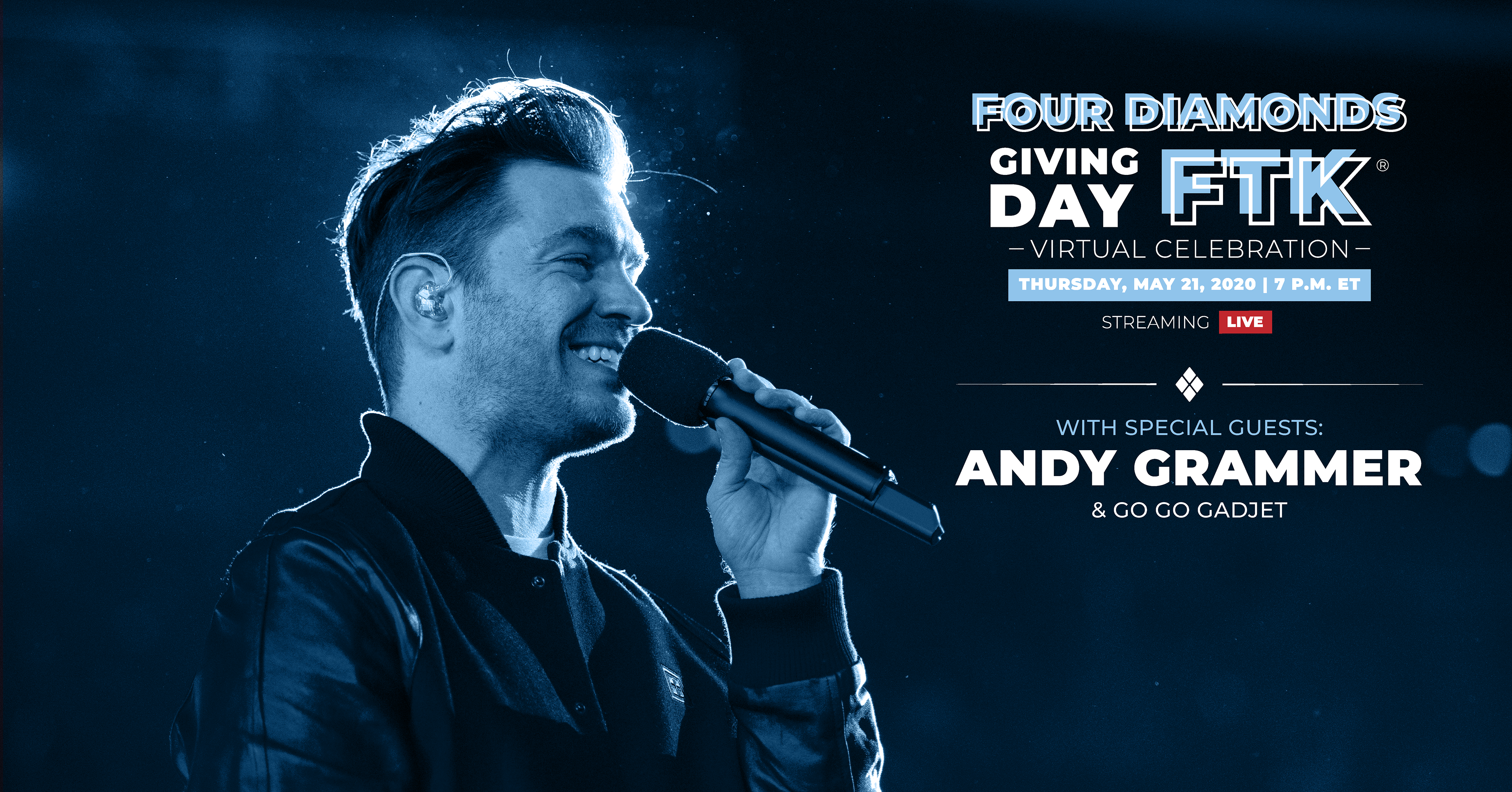 Social media cover photo announcing Andy Grammer is performing at Giving Day FTK