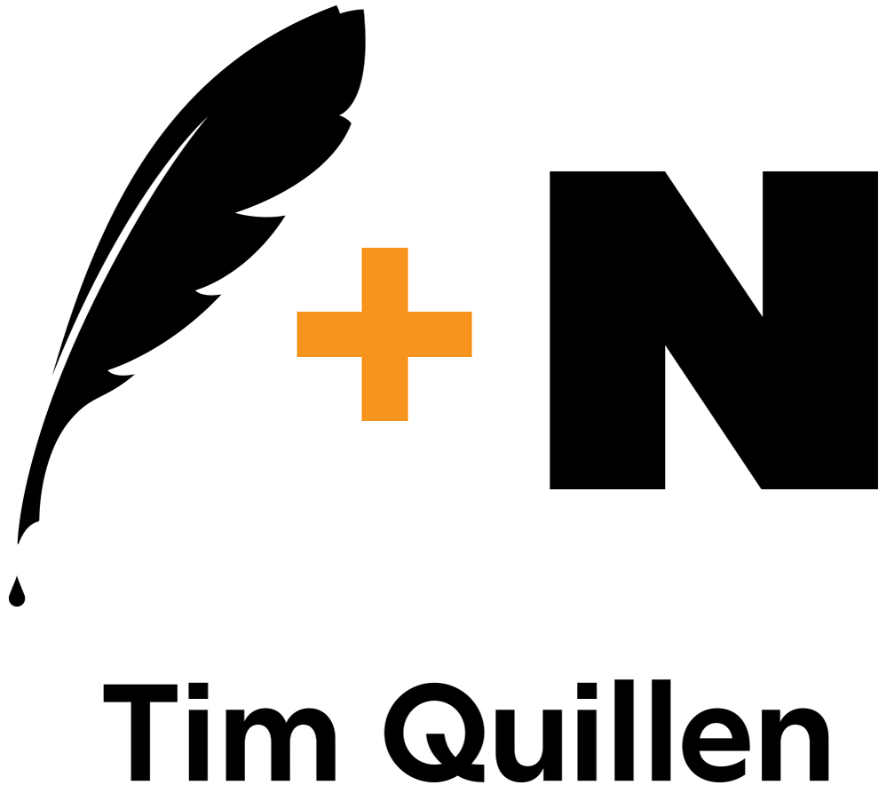 My logo which has an illustration of a quill feather with a drop of ink falling off the tip, a plus sign and the letter "N".