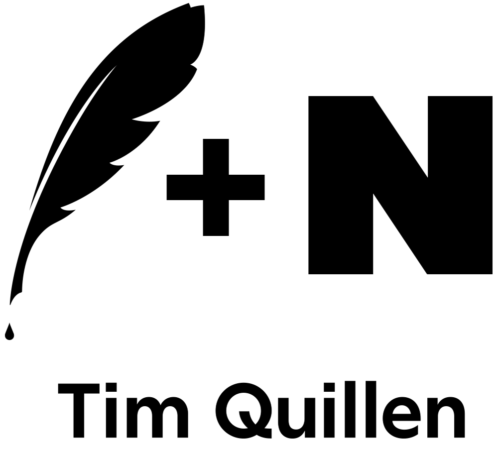 My logo which has an illustration of a quill feather with a drop of ink falling off the tip, a plus sign and the letter "N".