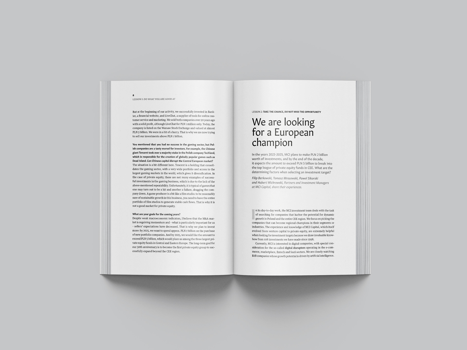 Book layout project "25 business lessons for the 25th anniversary of MCI Capital"