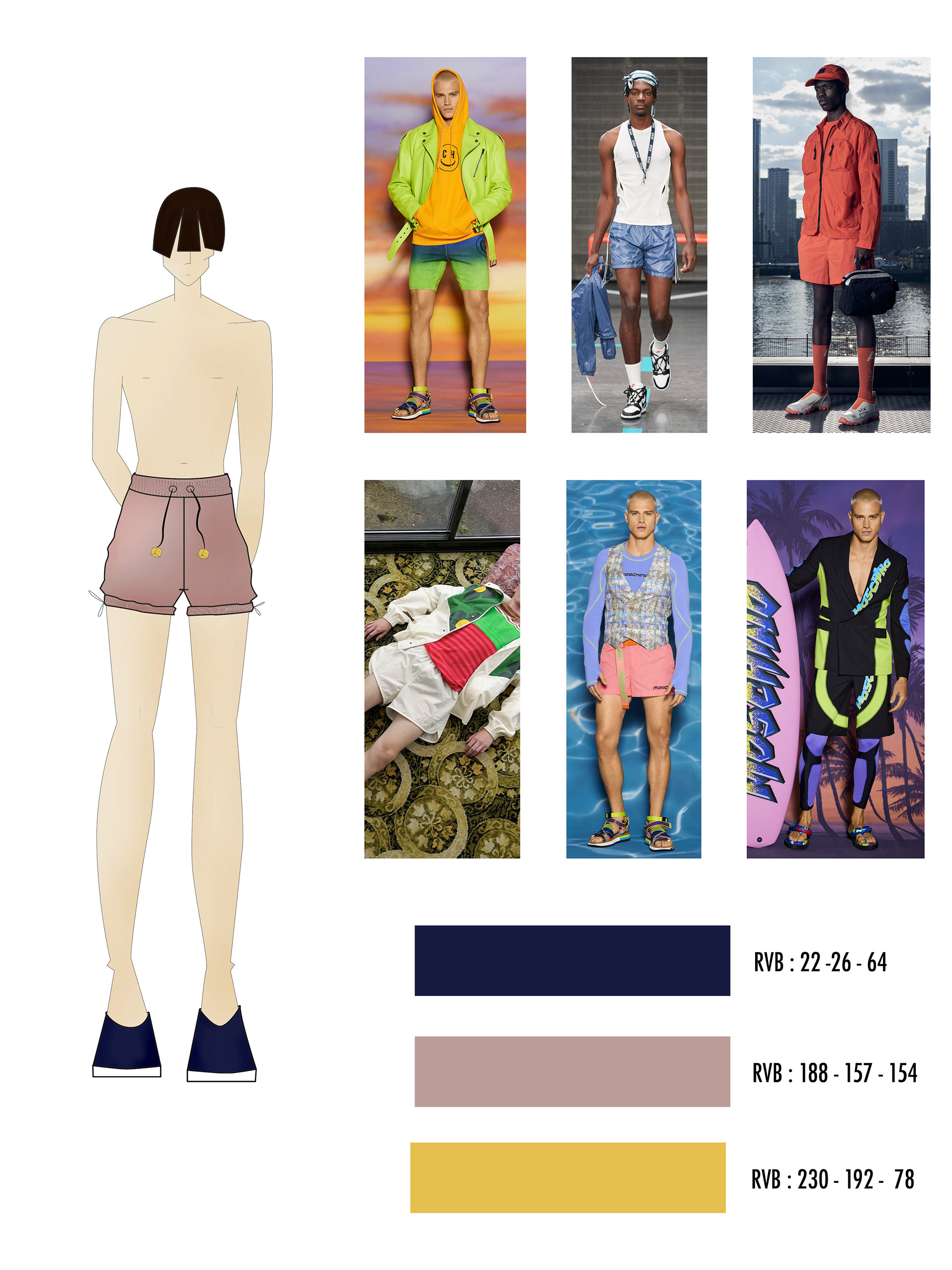 croquis de short de bain homme avec visuels d'inspiration et gamme de couleur