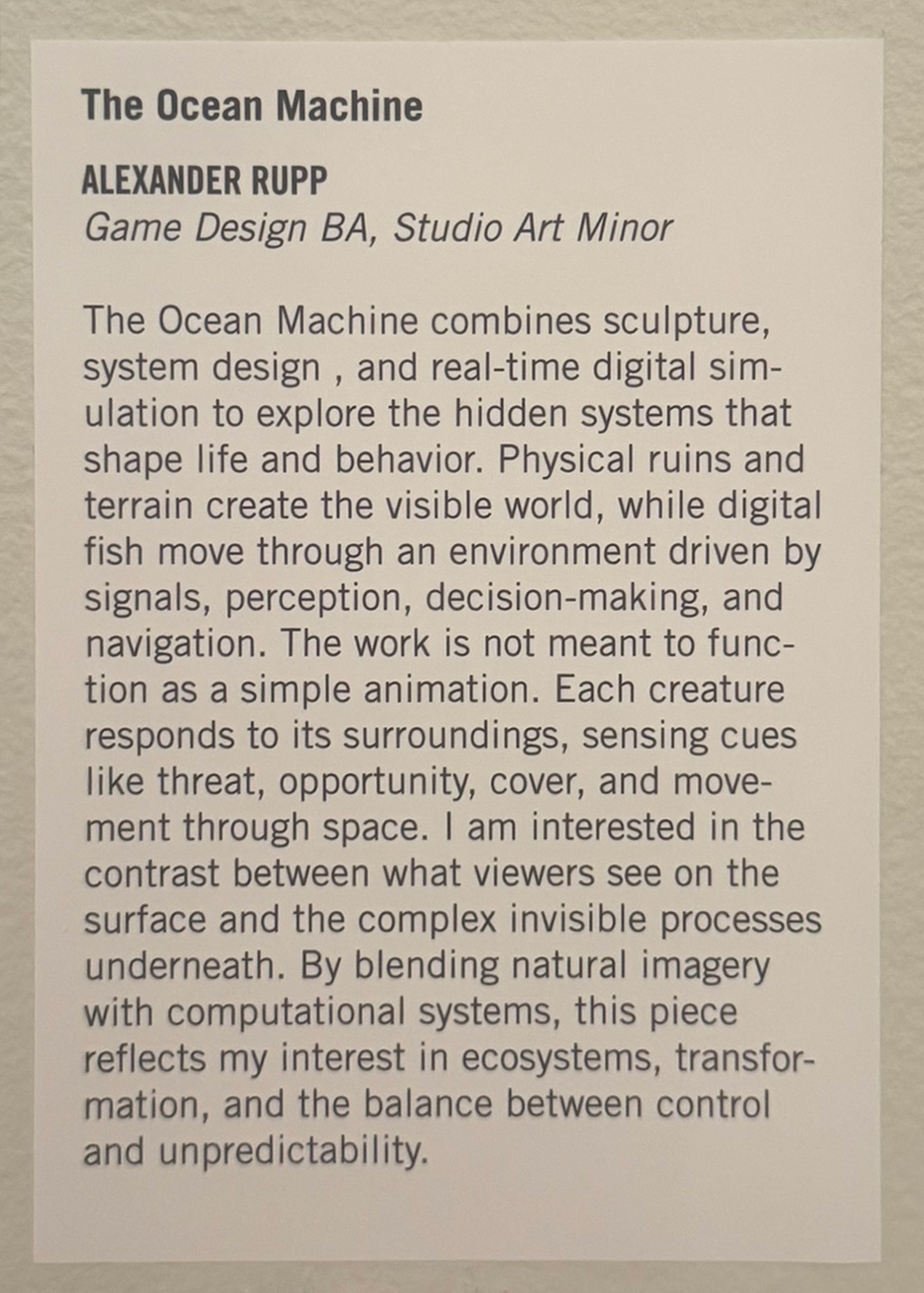 Wall label — Exhibition label with title, artist information, and artist statement.