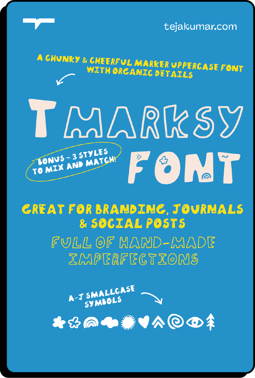 Meet T Marksy, a bold, hand-drawn marker-style font made for creators and designers. Add warmth and texture to your brand, posts, or journals with this playful typeface ~ includes 3 styles: Original, Fill & Outline.