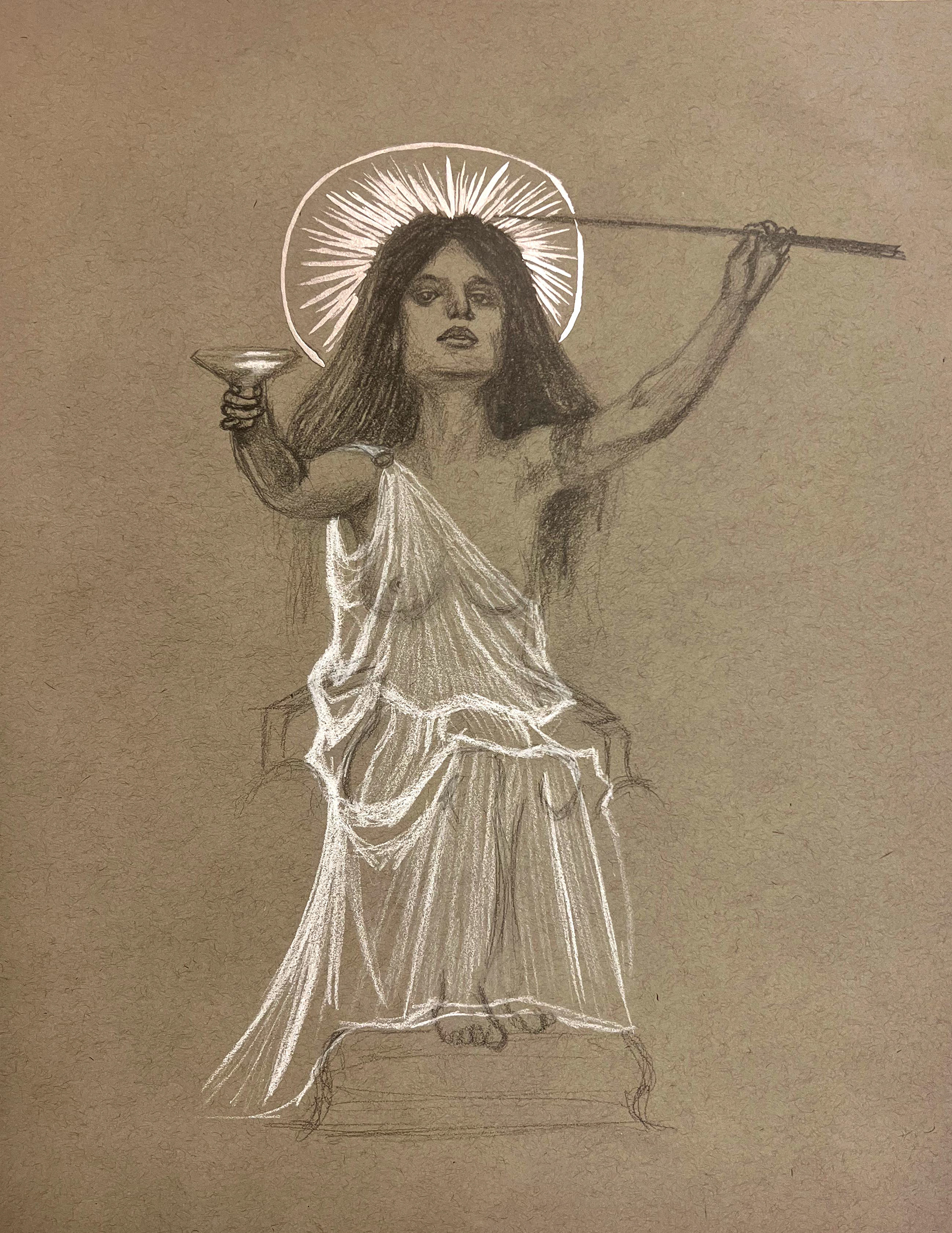 2022, Graphite and Silver Leaf on Toned Paper
