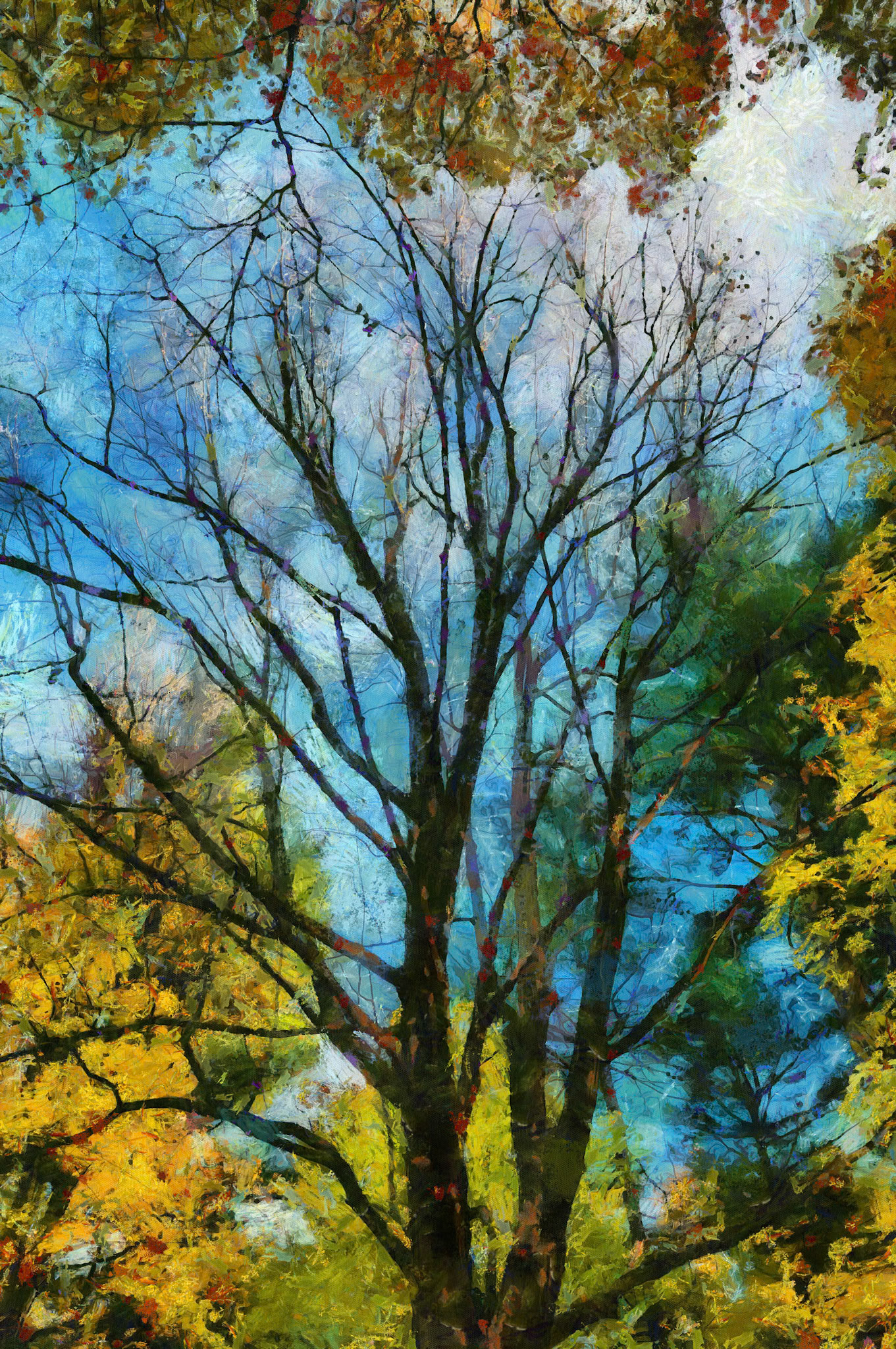 Low Angle View of Trees in the Forest in Autumn - Claude Monet style digital painting