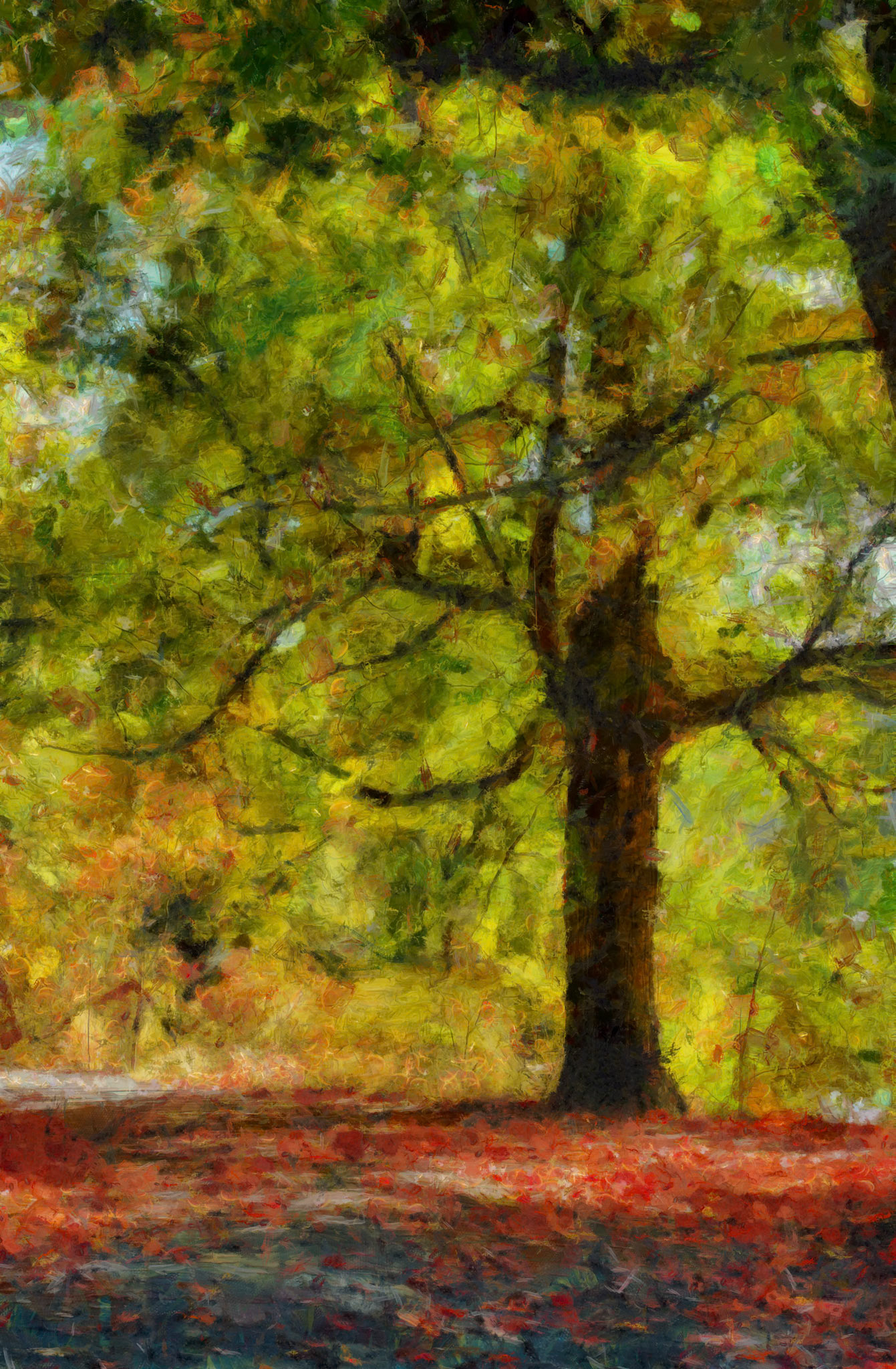 A large tree stands beneath a canopy of green and gold. The glowing ground and soft touches of light turn the scene into a quiet refuge, almost outside of time.  Tags  tree, forest, foliage, green, autumn, landscape, digital painting, impressionism, atmosphere, light, nature, contemplation