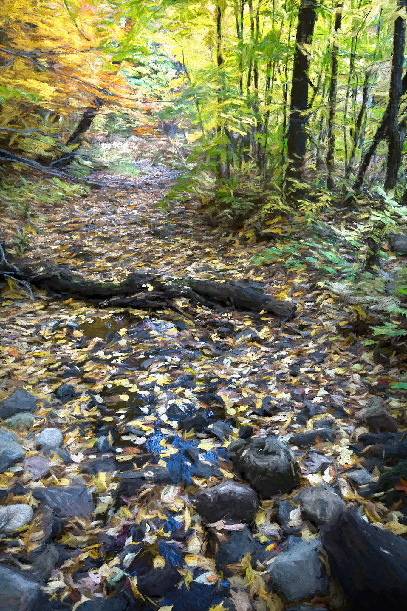 Little stream in the forest in autumn. Painting style.