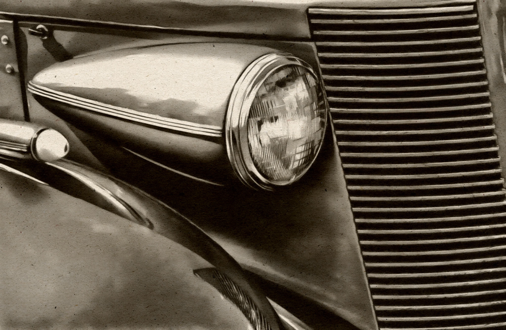 Black and white detail of the front of a classic Buick, highlighting the headlight, sculpted hood lines, and the iconic vertical grille. The image celebrates pre-war American automotive design, blending refinement, restrained power, and mechanical memory.  Tags  buick, classic car, vintage automobile, american car, automotive design, grille, vintage headlight, car hood, black and white, car art, automotive photography, elegance, retro