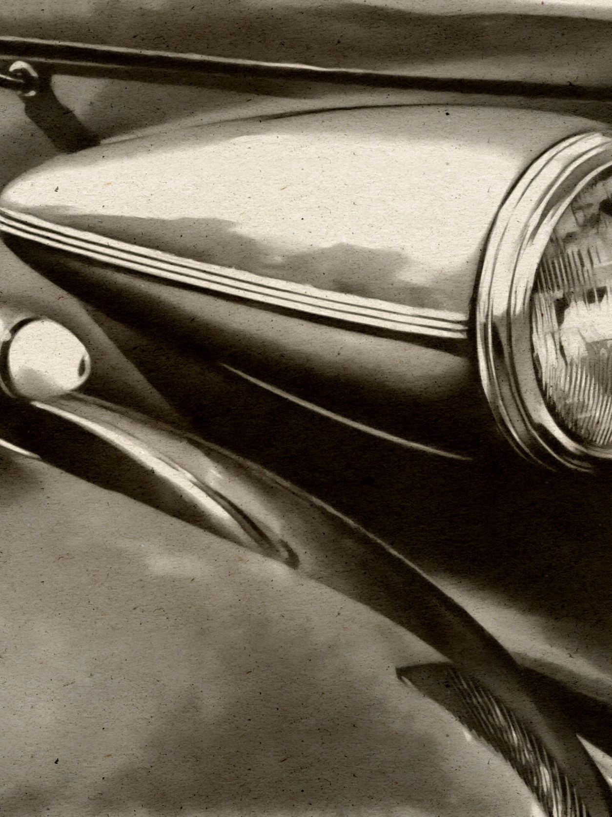 Black and white detail of the front of a classic Buick, highlighting the headlight, sculpted hood lines, and the iconic vertical grille. The image celebrates pre-war American automotive design, blending refinement, restrained power, and mechanical memory.  Tags  buick, classic car, vintage automobile, american car, automotive design, grille, vintage headlight, car hood, black and white, car art, automotive photography, elegance, retro