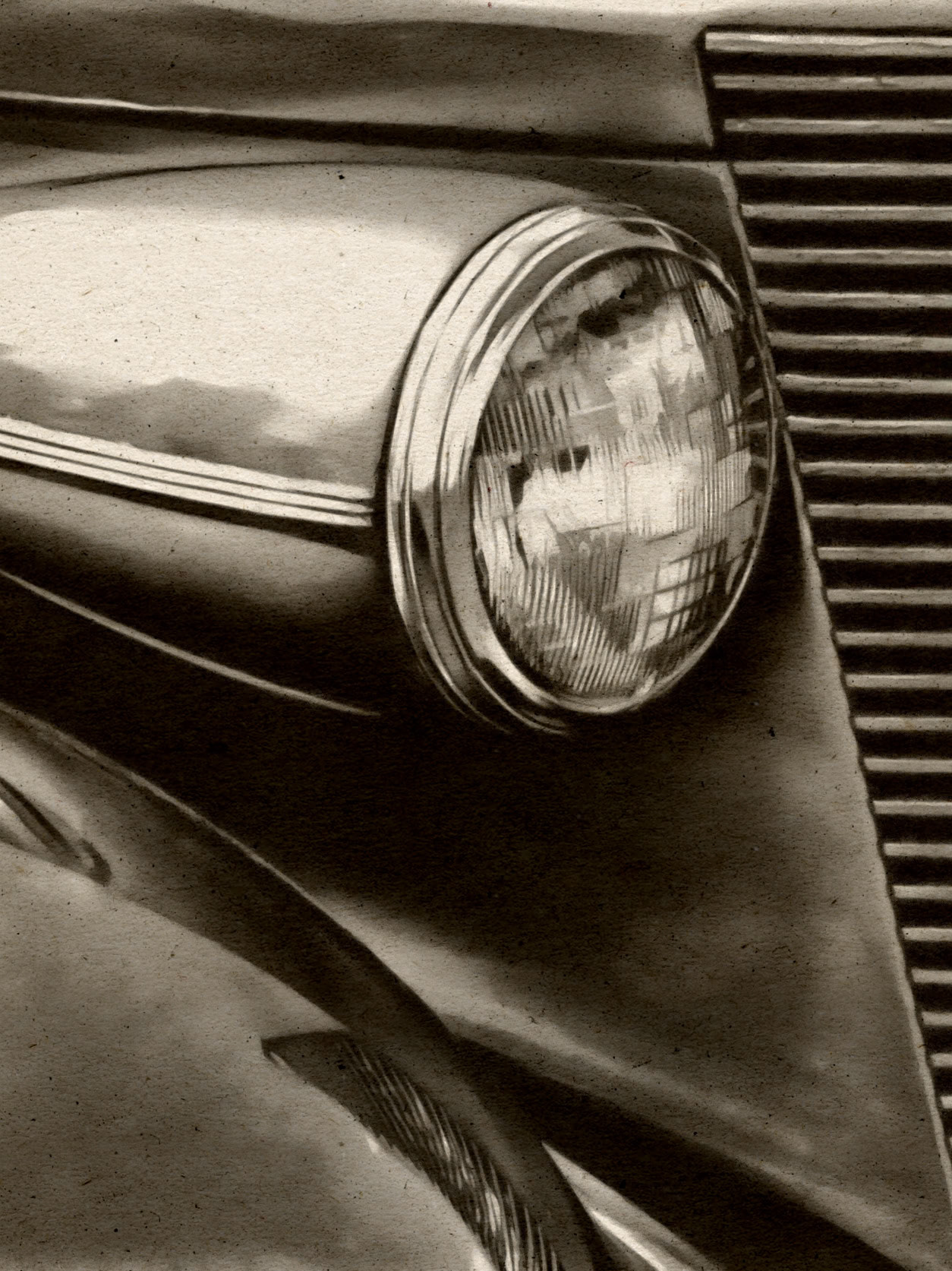 Black and white detail of the front of a classic Buick, highlighting the headlight, sculpted hood lines, and the iconic vertical grille. The image celebrates pre-war American automotive design, blending refinement, restrained power, and mechanical memory.  Tags  buick, classic car, vintage automobile, american car, automotive design, grille, vintage headlight, car hood, black and white, car art, automotive photography, elegance, retro