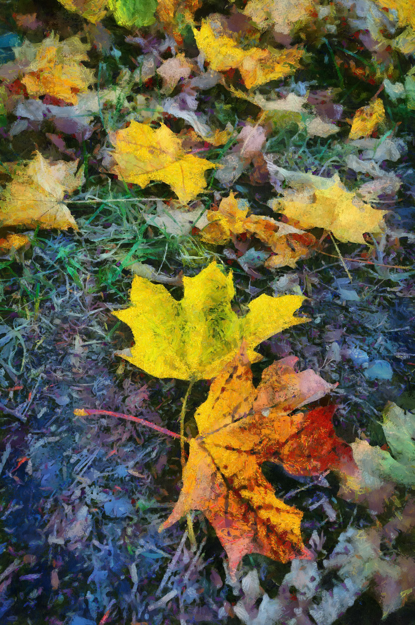 Maple Leaves on the Ground in the Forest in Autumn - Claude Monet style digital painting