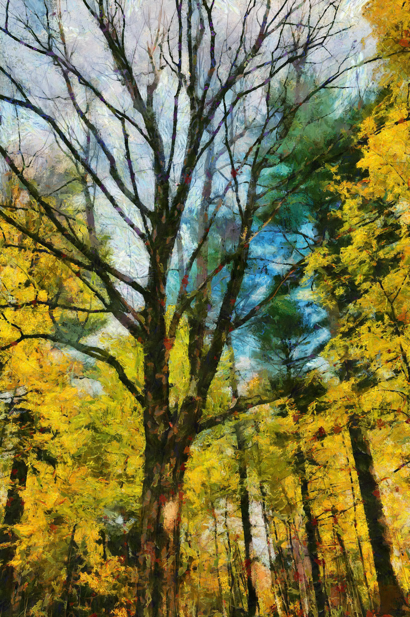 Low Angle View of Trees in the Forest in Autumn - Claude Monet painting style