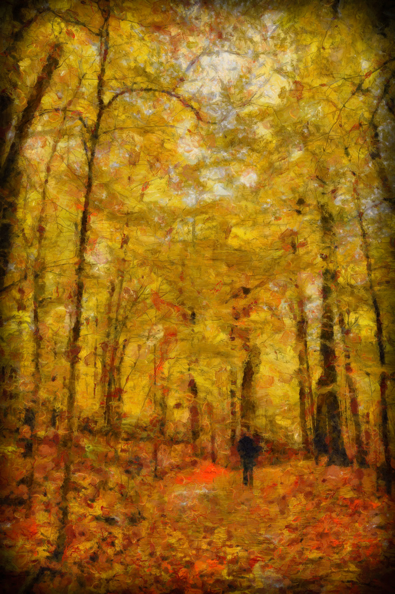 A path disappears into a forest bathed in gold. Trees dissolve into autumn light as a distant figure moves forward, nearly absorbed by color and silence.  Tags  autumn, forest, path, yellow, gold, silhouette, landscape, digital painting, impressionism, atmosphere, light, contemplation