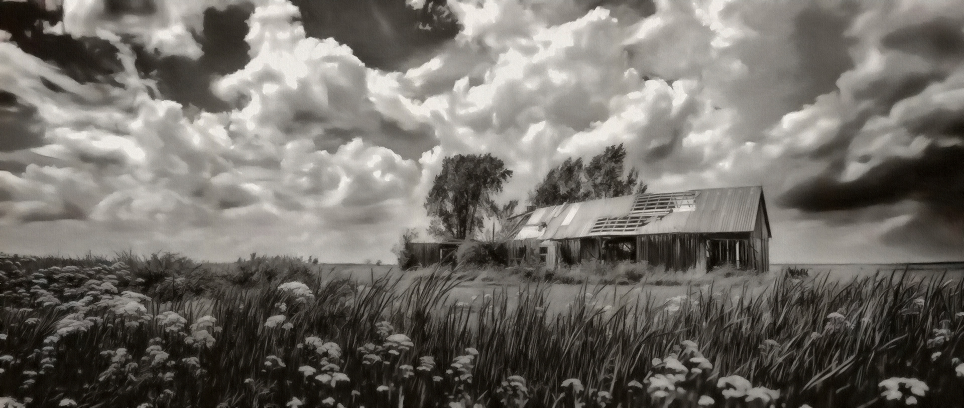 A dilapidated farmhouse stands amidst tall grass and wildflowers. Overhead, dramatic clouds add intensity to the rural scene.