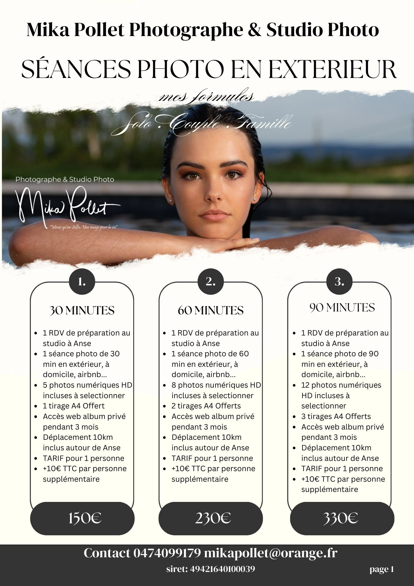Tarifs des Séances photo en extérieur ou à domicile ou en airbnb de Mika Pollet Photographe professionnel dont le studio photo est implanté à Anse entre Villefranche s/s & Lyon . Page 1