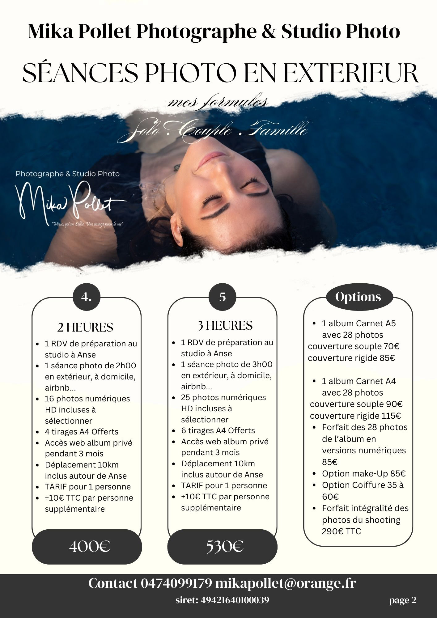 Tarifs des Séances Photos réalisées au Studio Photo de Mika Pollet, Photographe professionnel avec un studio photo situé à  Anse Beaujolais  entre Villefranche & Lyon. Page 2