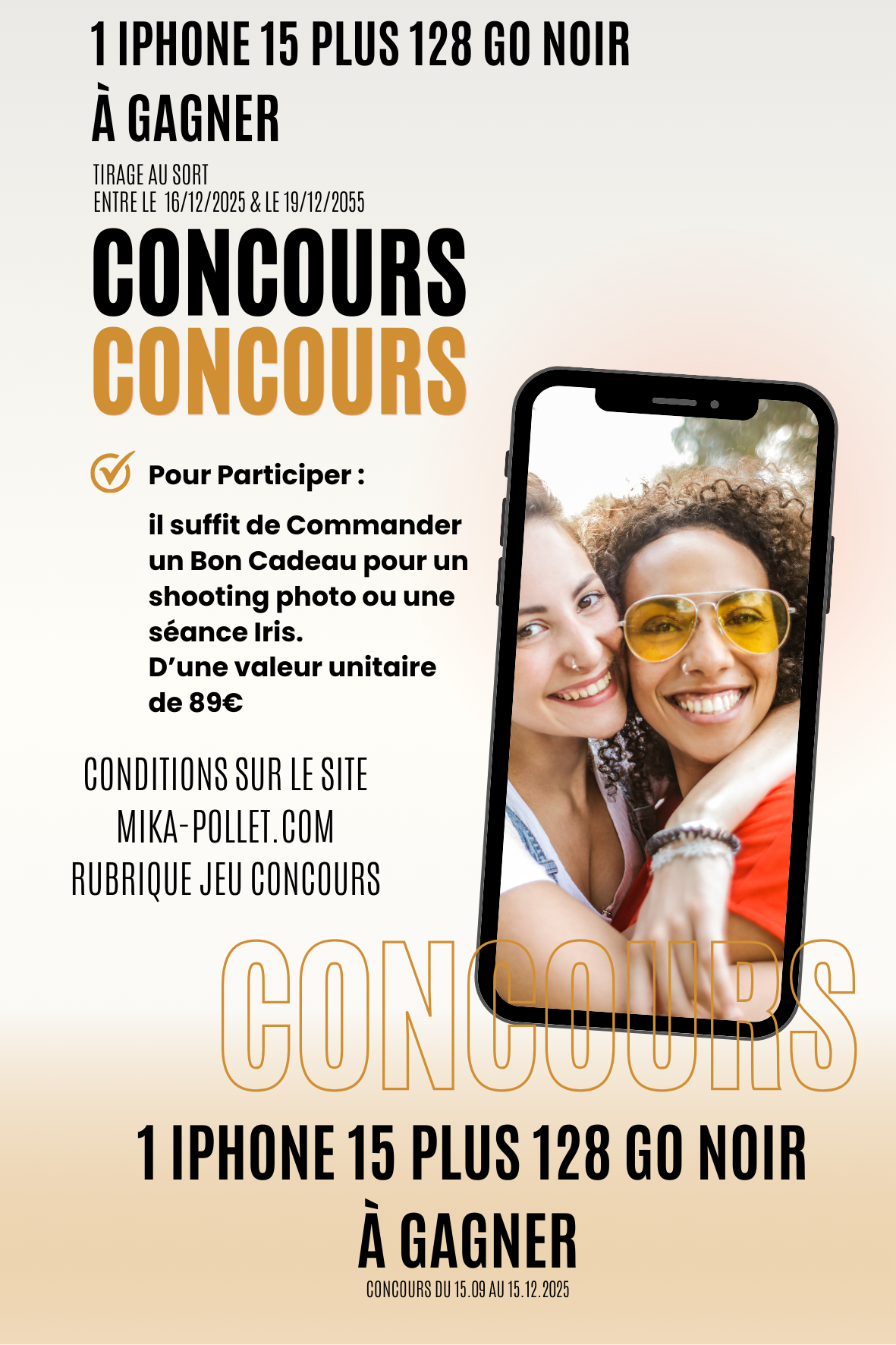 1 iphone 15 plus 128 go noir neuf à gagner! jeu concours chez le photographe à anse mika pollet studio photo entre villefranche et lyon