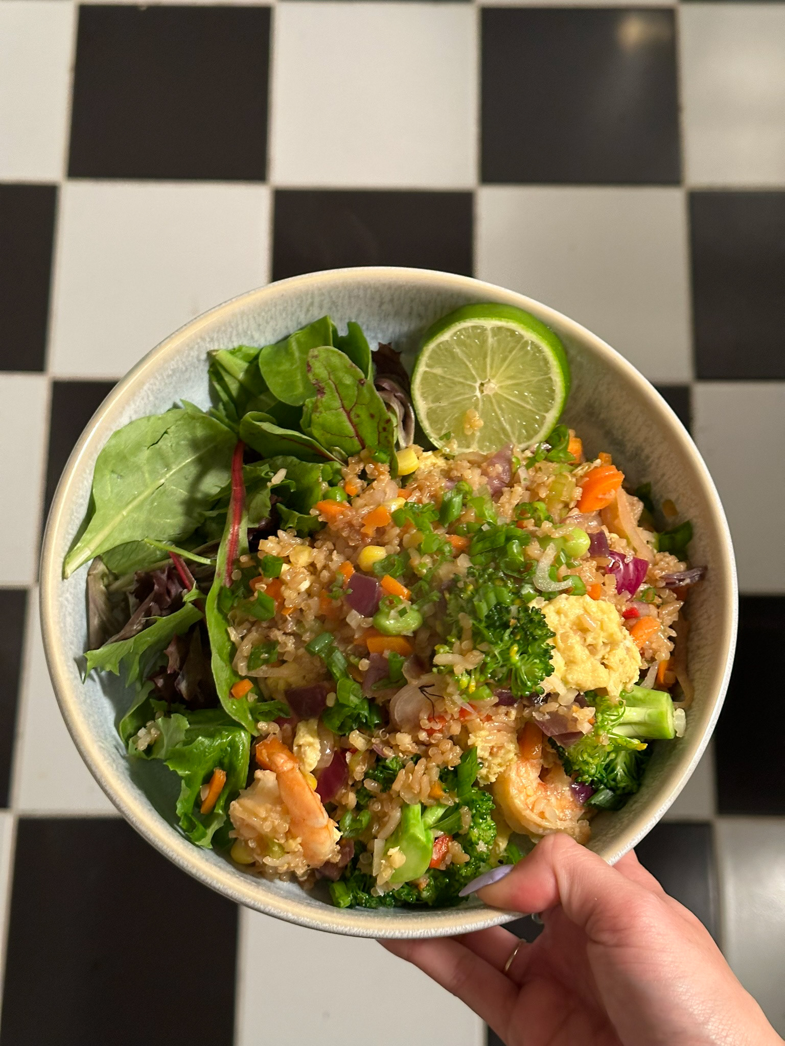 SHRIMP FRIED RICE OVER  MIXED GREENS