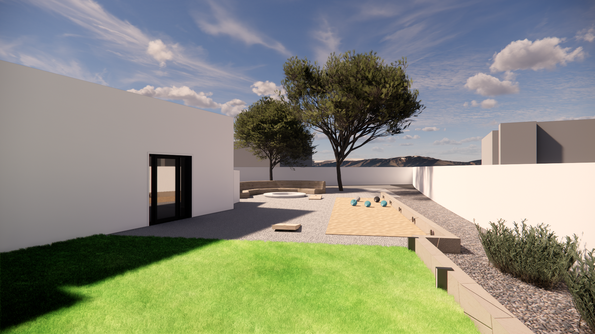 PROPOSED IN GROUND FIRE PIT WITH BOCCE BALL COURT - REMOVAL OF EXISTING OLEANDERS