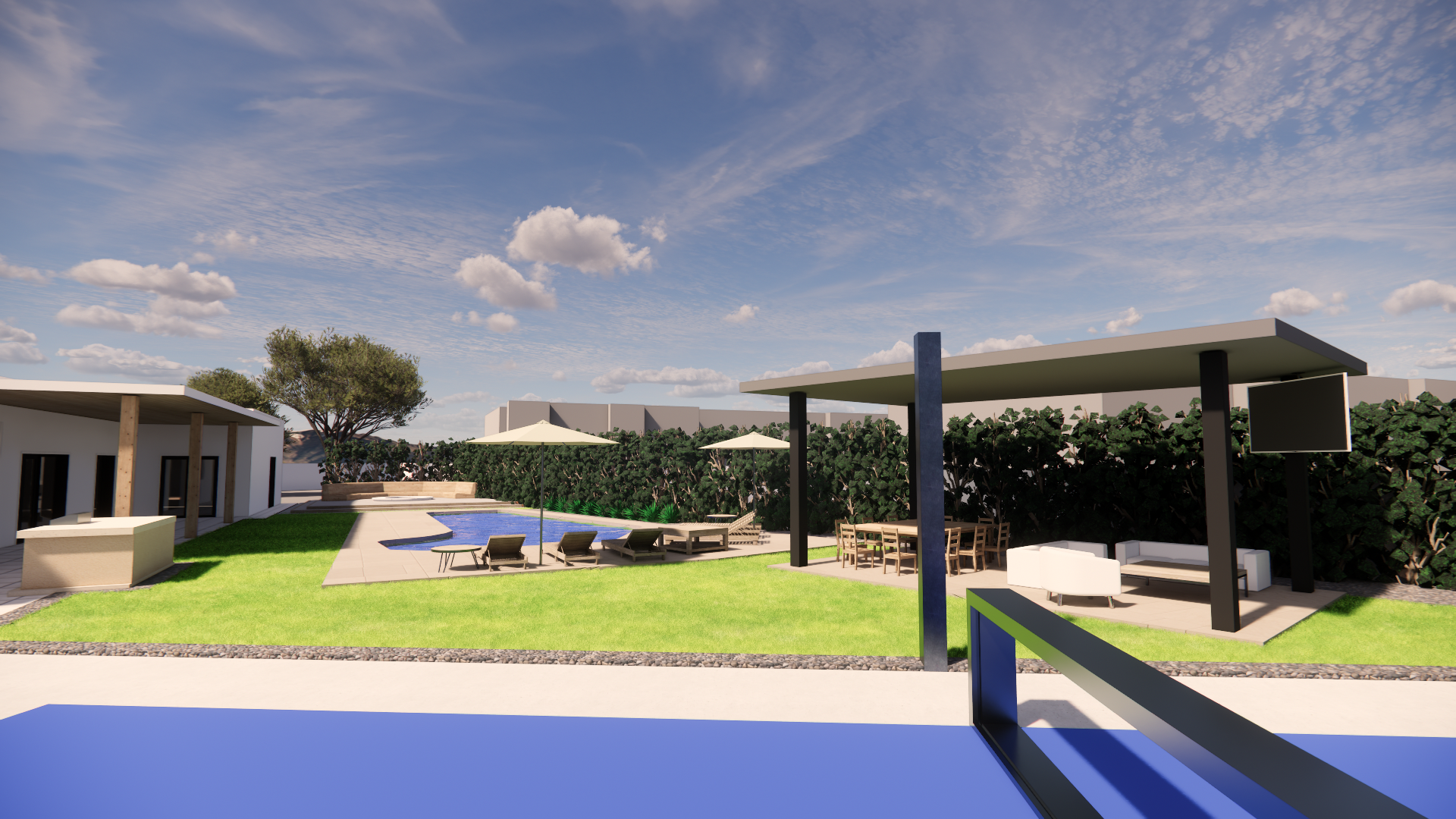PROPOSED LAND/HARDSCAPING, WITH RAISED FIRE PIT AND PERGOLA