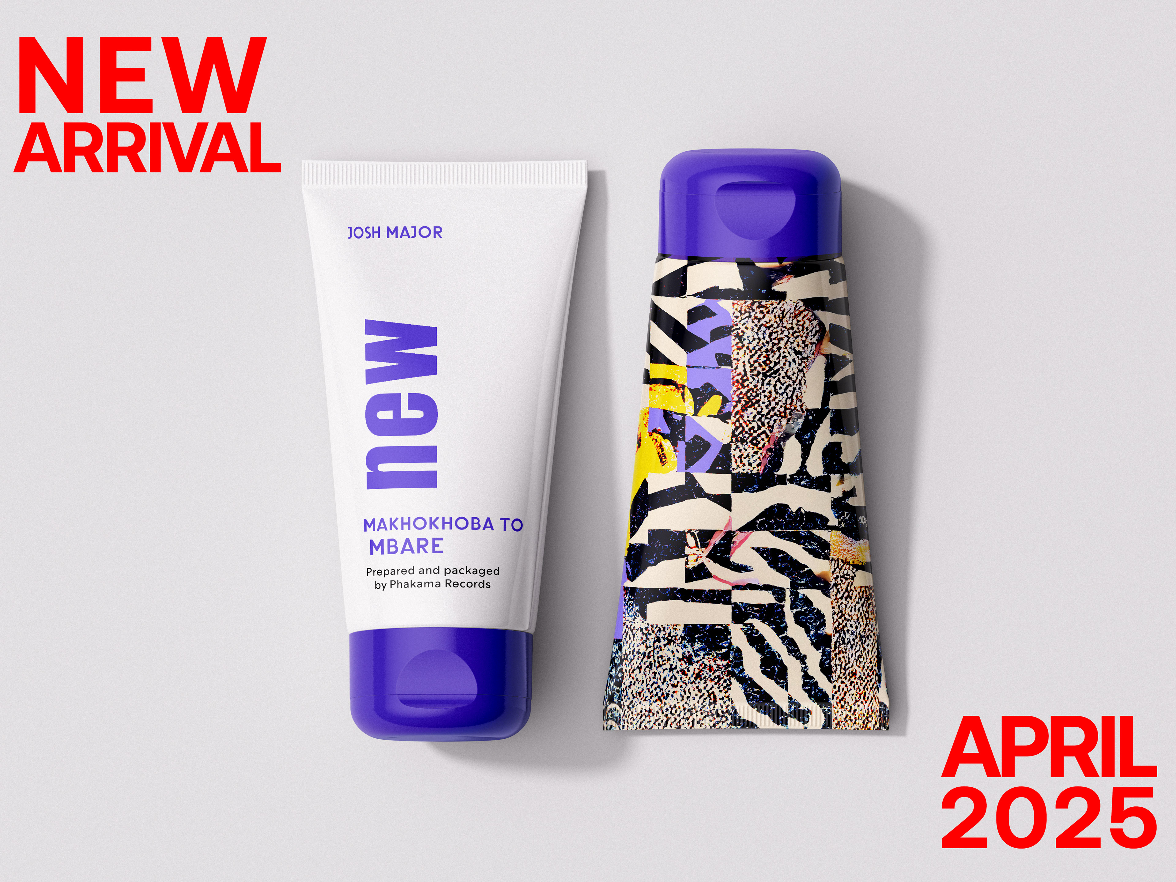 wo product tubes styled as music packaging: the left tube in minimalist white with bold purple text reading “new – Makhokhoba to Mbare – Prepared and packaged by Phakama Records”; the right tube features a collage of vibrant, textured patterns inspired by African fabrics. Red text on the sides reads “NEW ARRIVAL” and “APRIL 2025.”