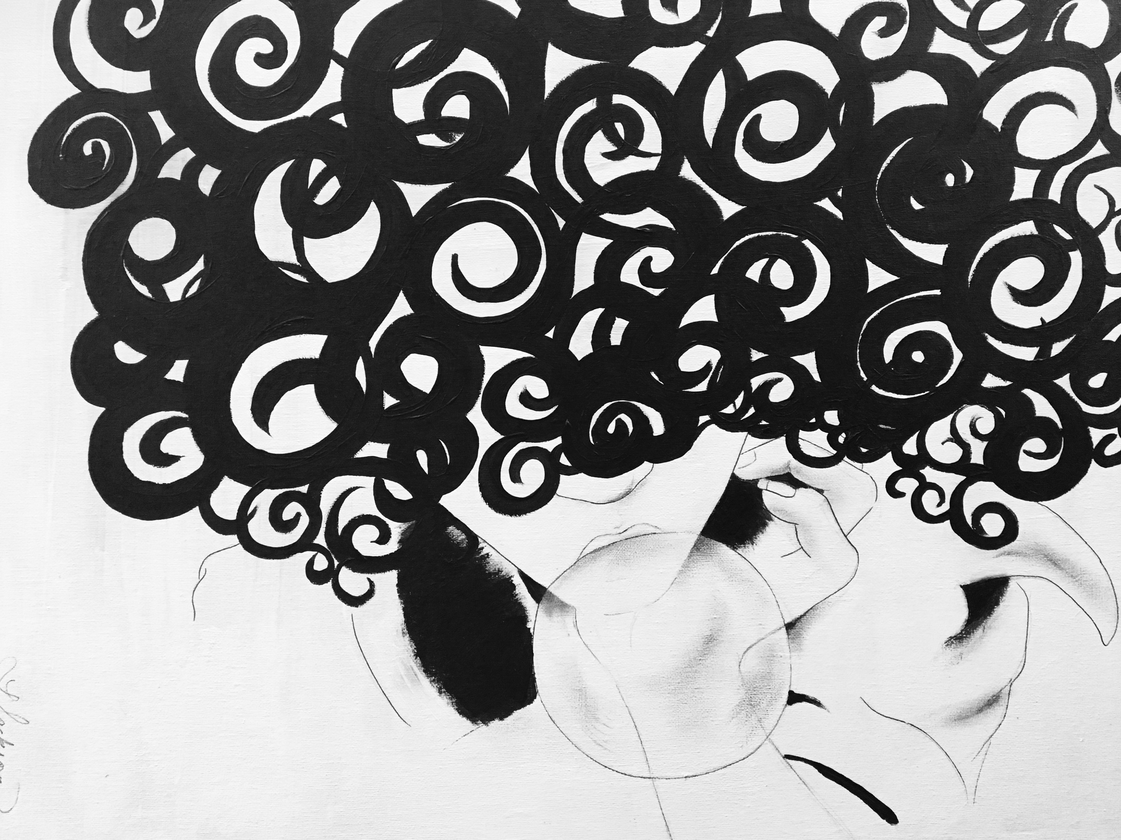 "Curly Black Haiku" Acrylic on canvas board