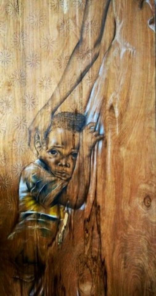 "Momma's Skirt, Son's Refuge" Pencil on wood