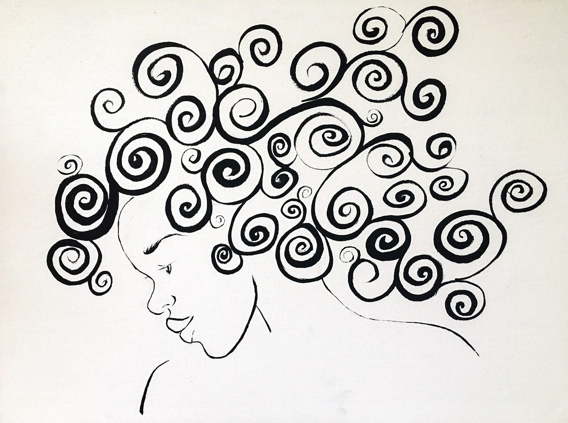 "Curly Black Haiku (The Blow-Out)" Acrylic on canvas board