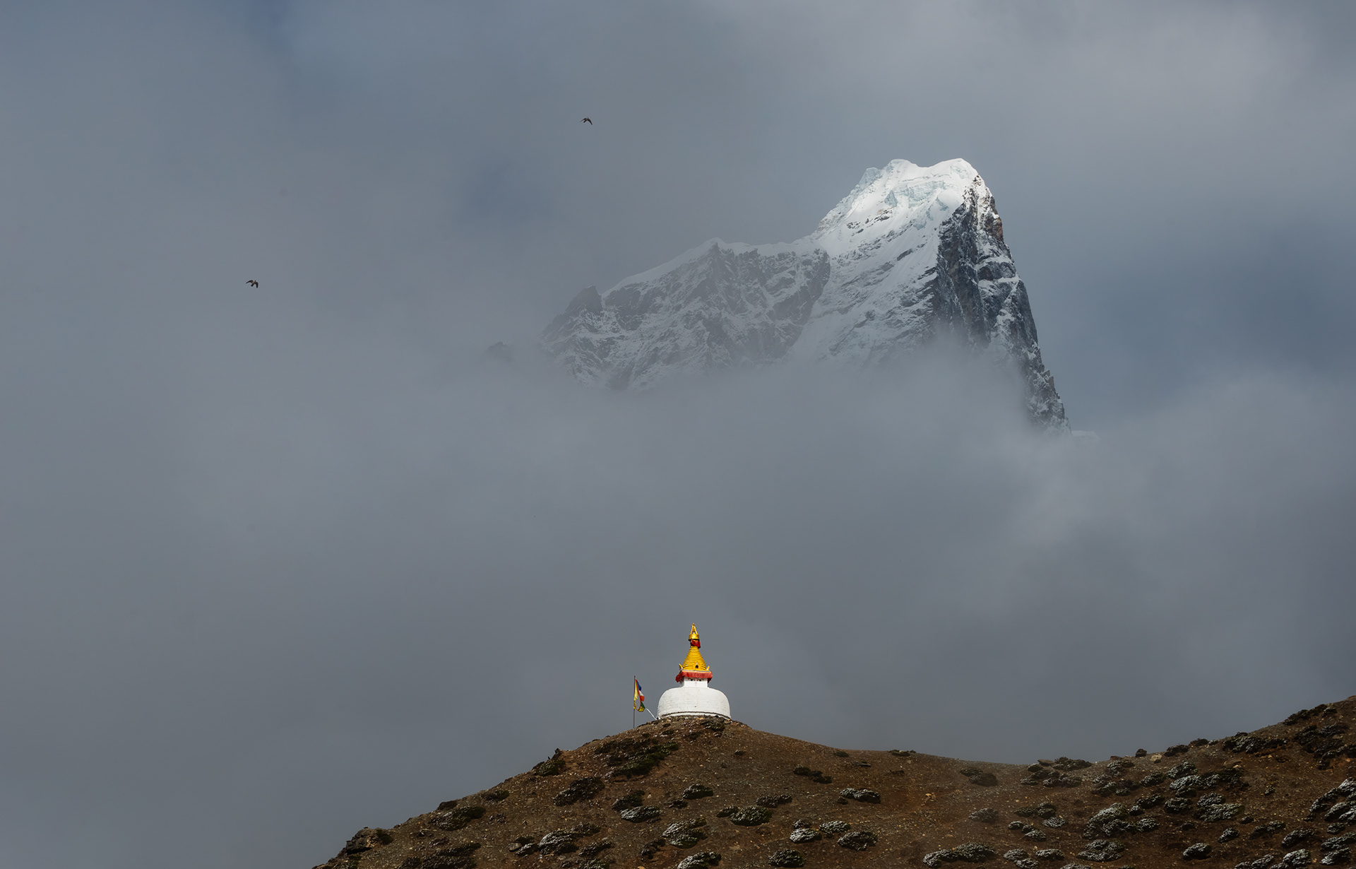 Stupa and birds beneath Taboche