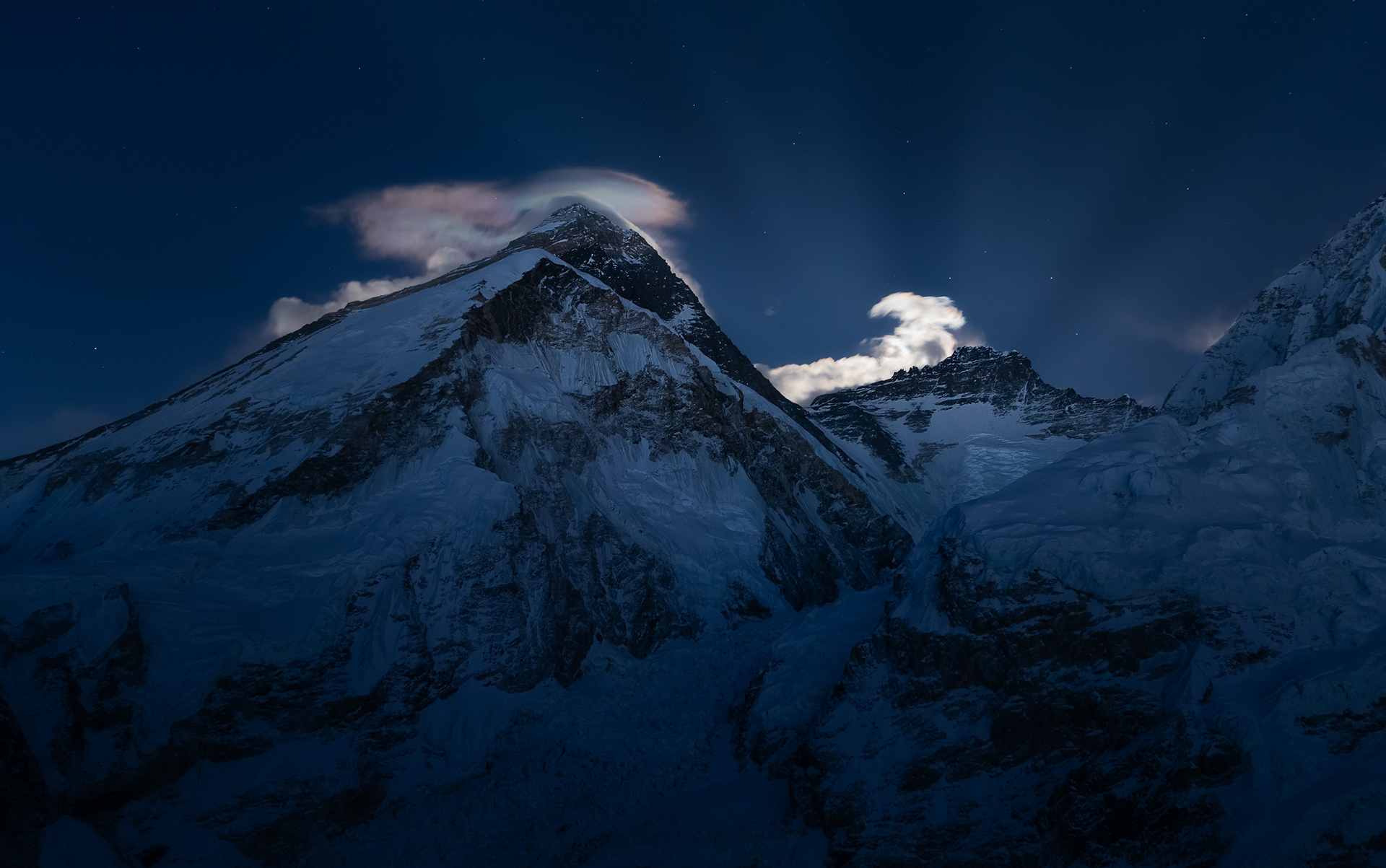 Everest Lhotse moonbeams