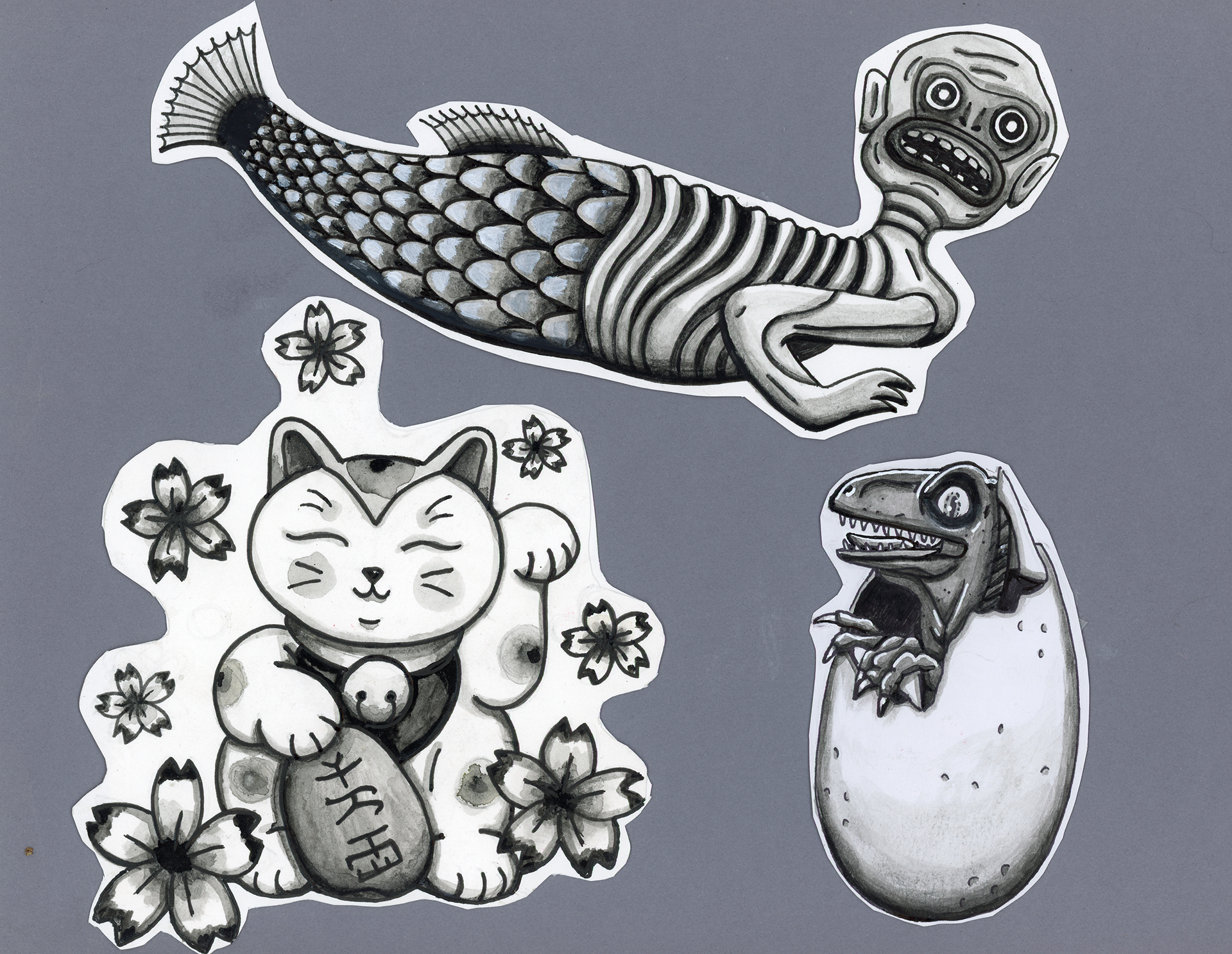 Fiji Mermaid/Raptor Hatching/Lucky Cat flash, 2024, pen and gouache