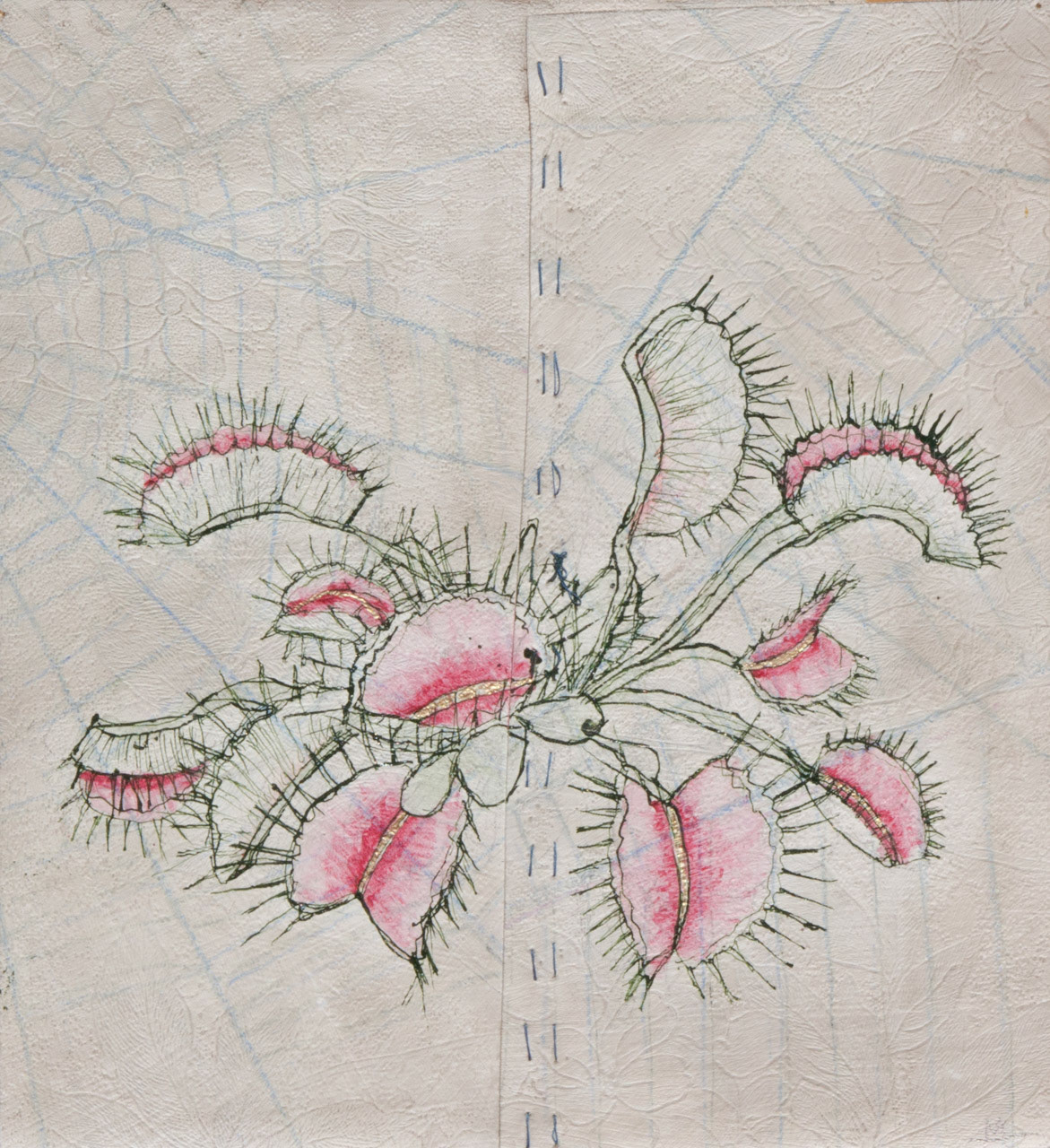Flytraps, 2023, ink, watercolor, ash and thread on wallpaper