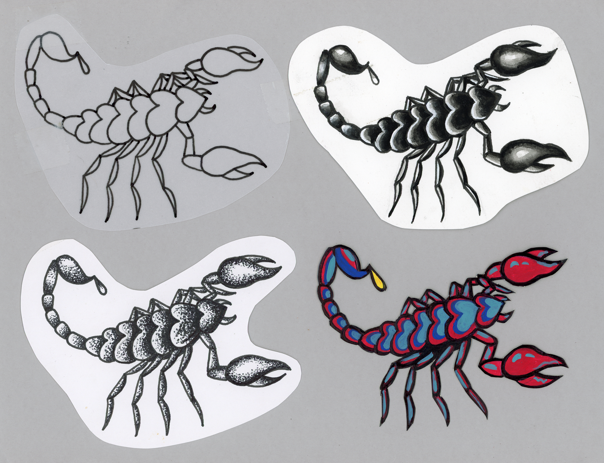 Scorpion Flash (versions), 2024, pen and gouache