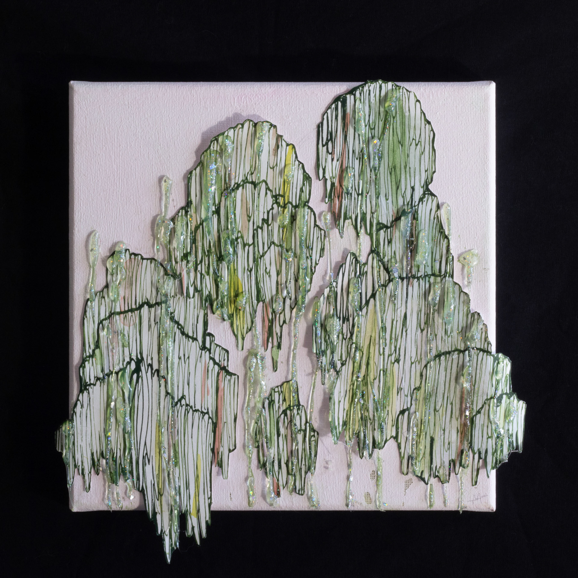 Mushrooms I, 2023, ink and watercolor on paper, hot glue, glitter on canvas