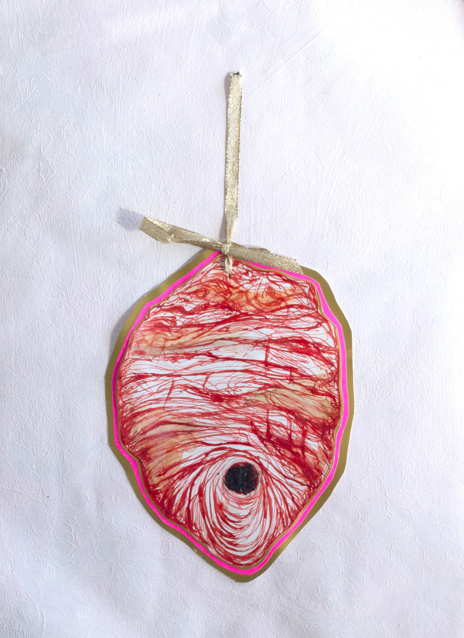 Nest II, 2022, ink, watercolor, ash, and ribbon on wallpaper