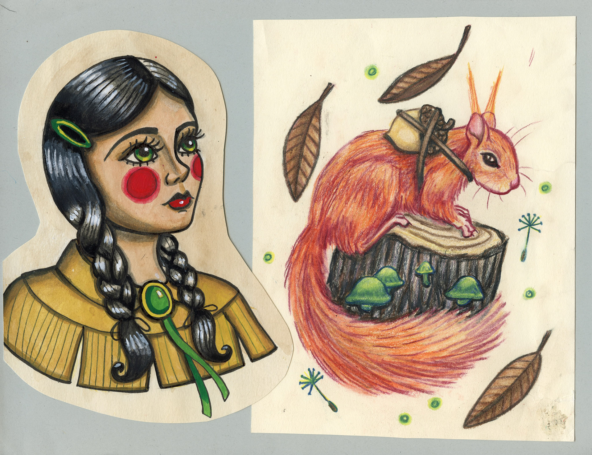 Frontier Girl and Little Thief Flash, 2023, colored pencil and gouache