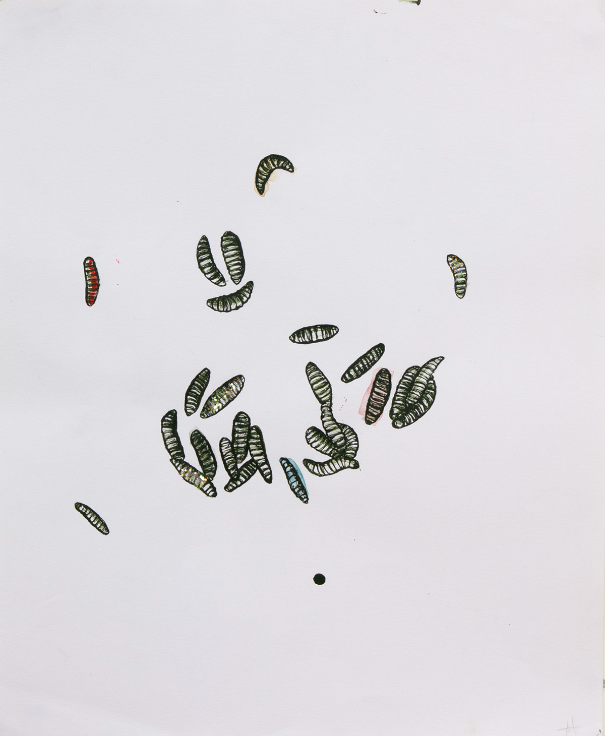 Larvae, 2022, ink, watercolor, glitter on paper