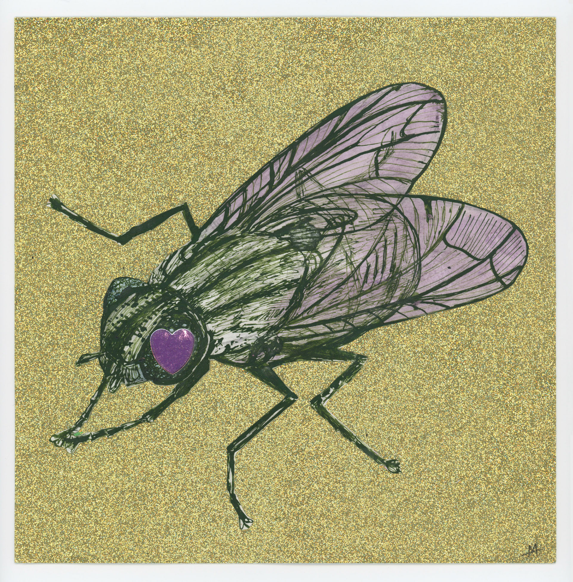 Fly, 2022, ink and watercolor on paper, glitter, sequin