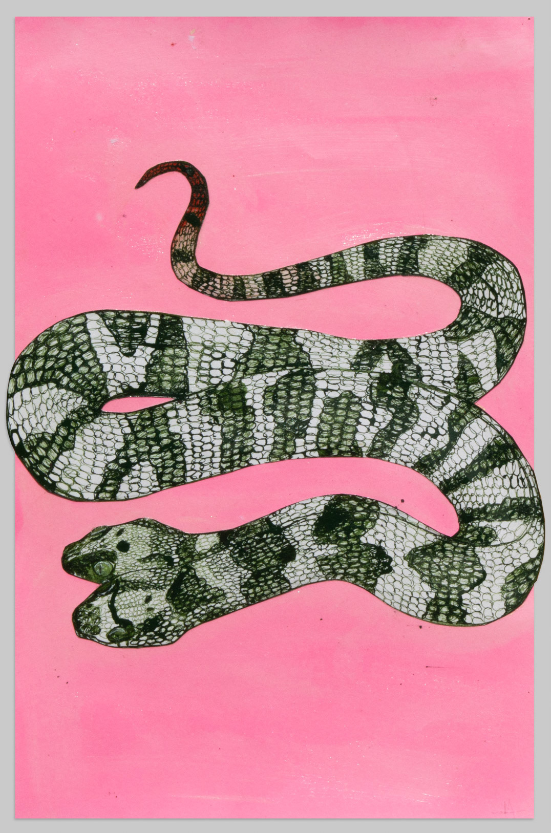 Snake, 2022, ink, watercolor, and glue on paper