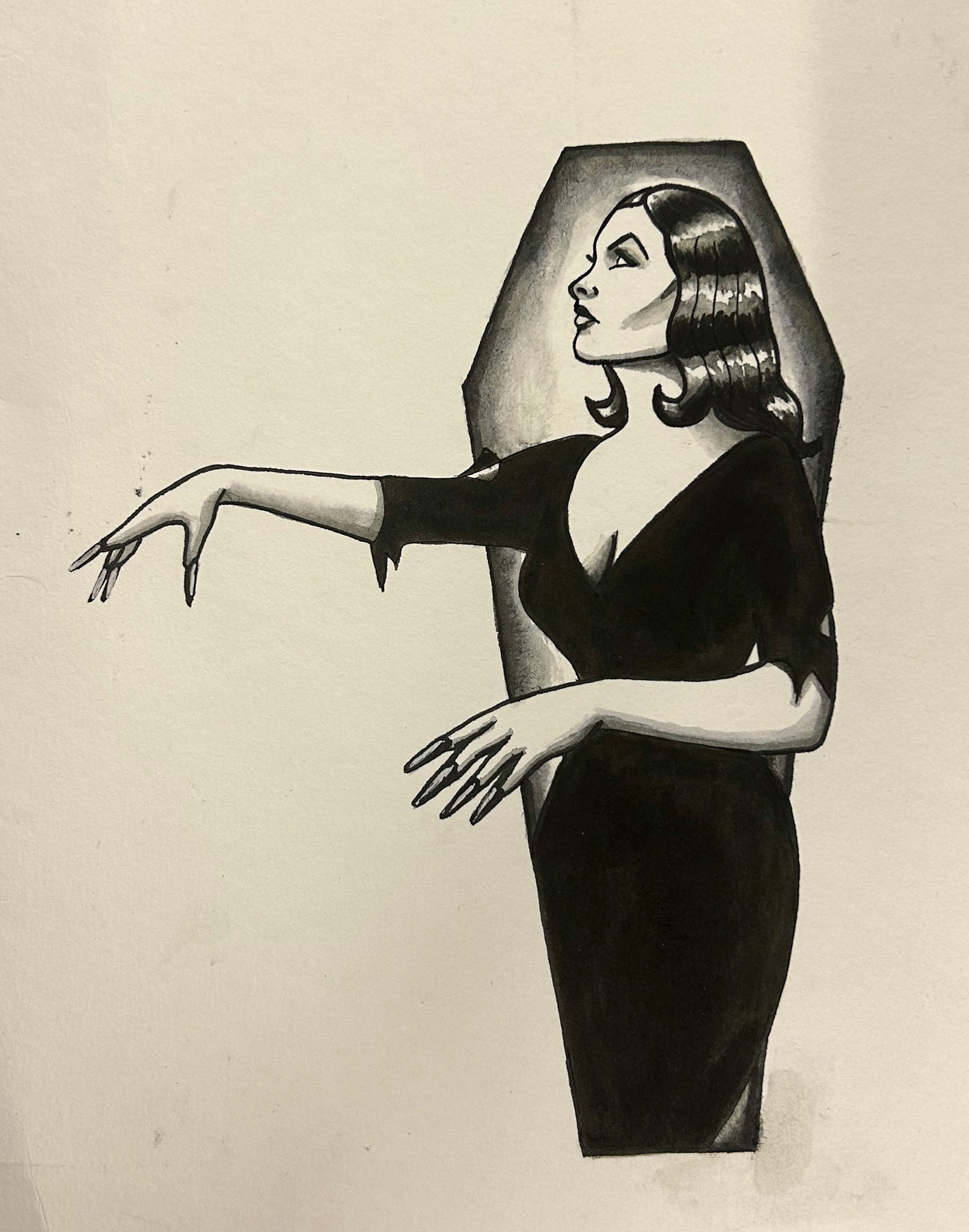 Vampira, 2024, pen and gouache on paper