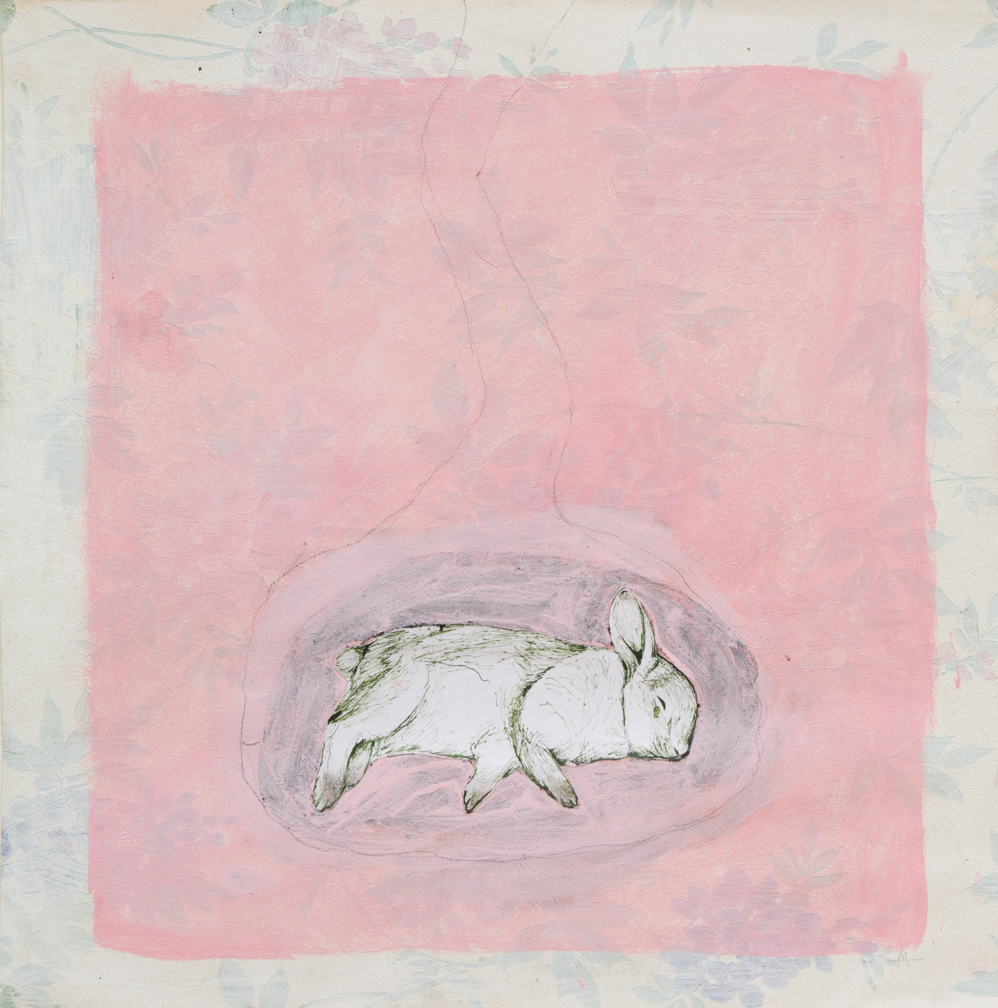 Rabbit, 2022, ink on paper, ash, acrylic and graphite on wallpaper