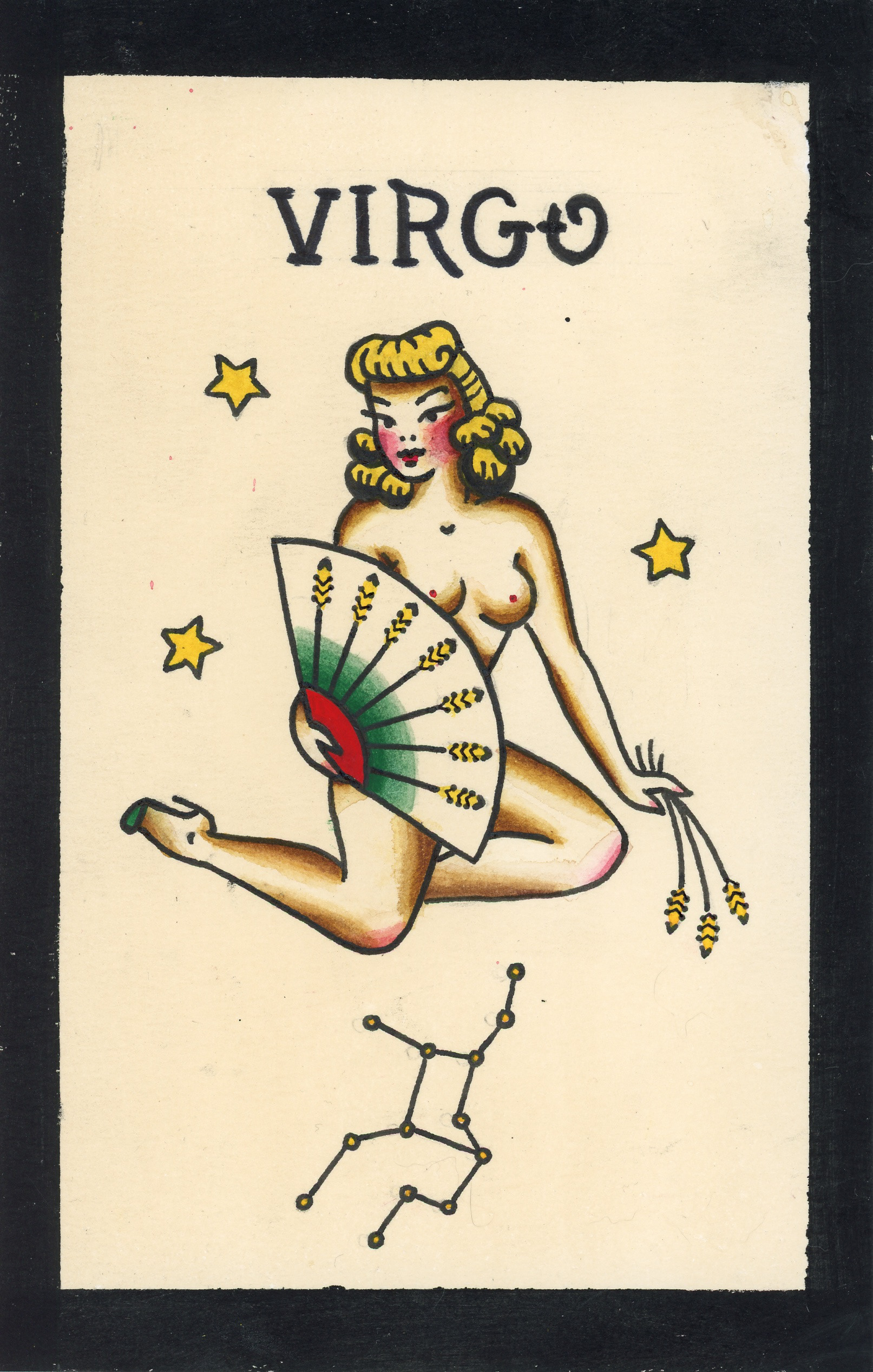 American Traditional: Virgo, 2025, pen and liquid watercolor