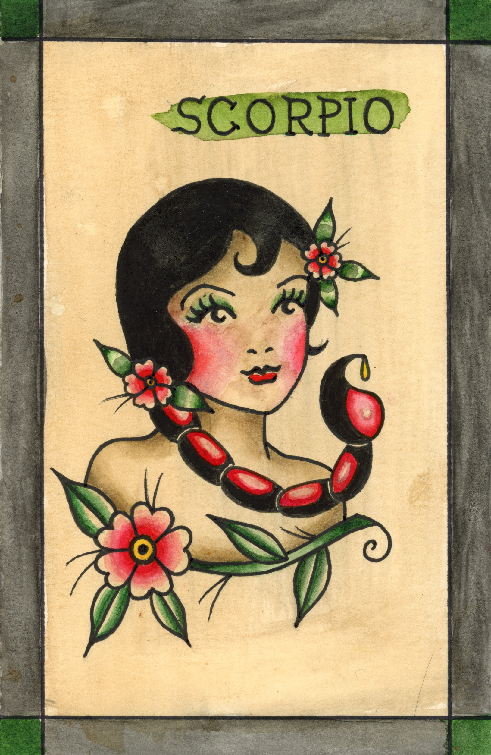 American Traditional Scorpio, 2025, liquid watercolor and marker
