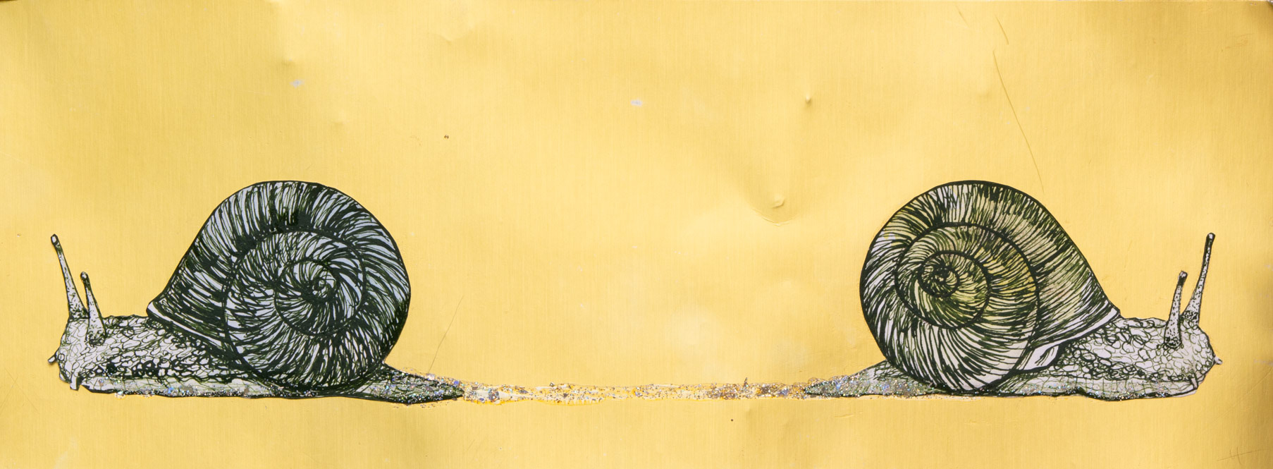 Snails' Departures, 2023, ink, watercolor, and glitter nail polish on paper