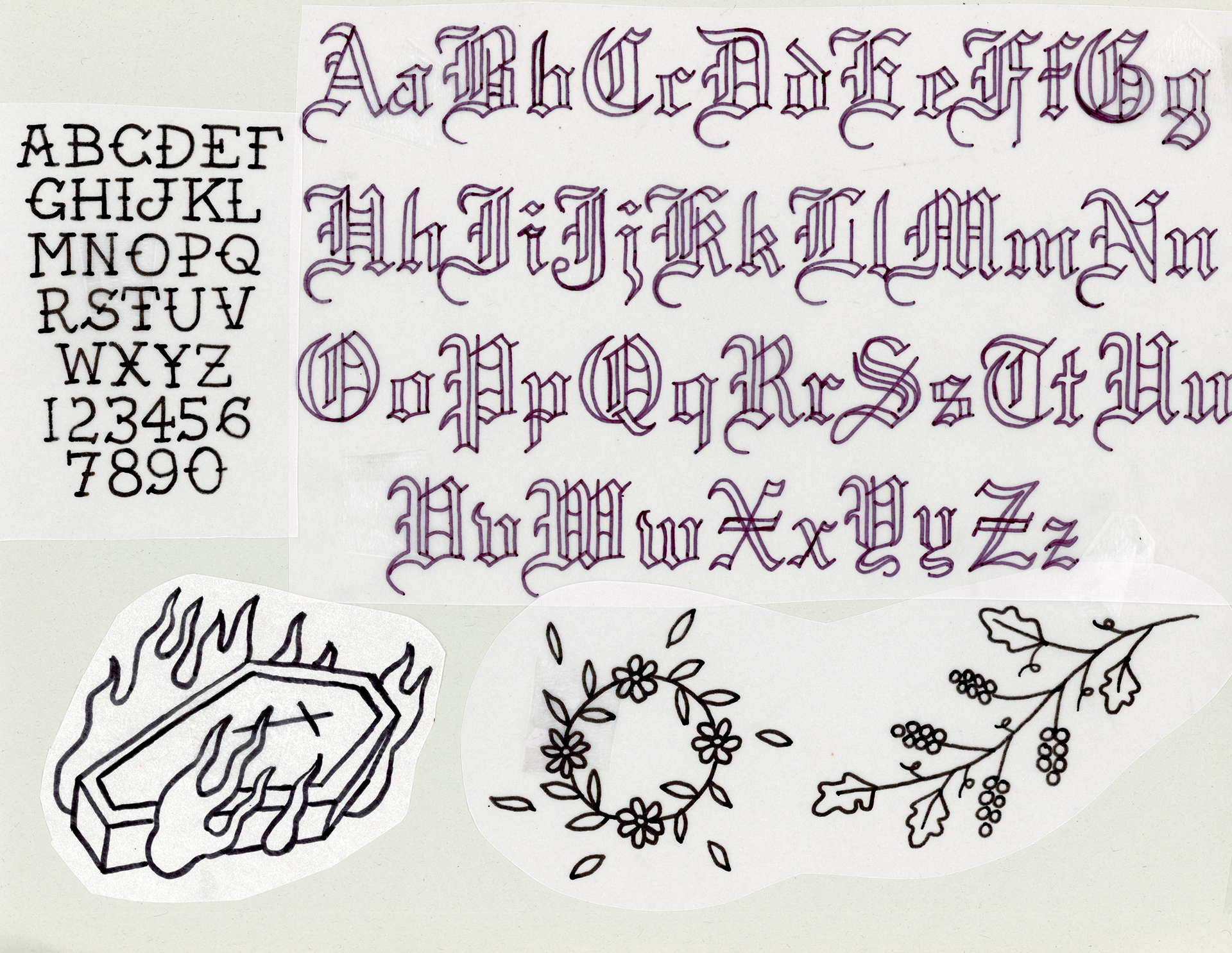 Tracing Practice (Page 34), dates vary, marker on vellum